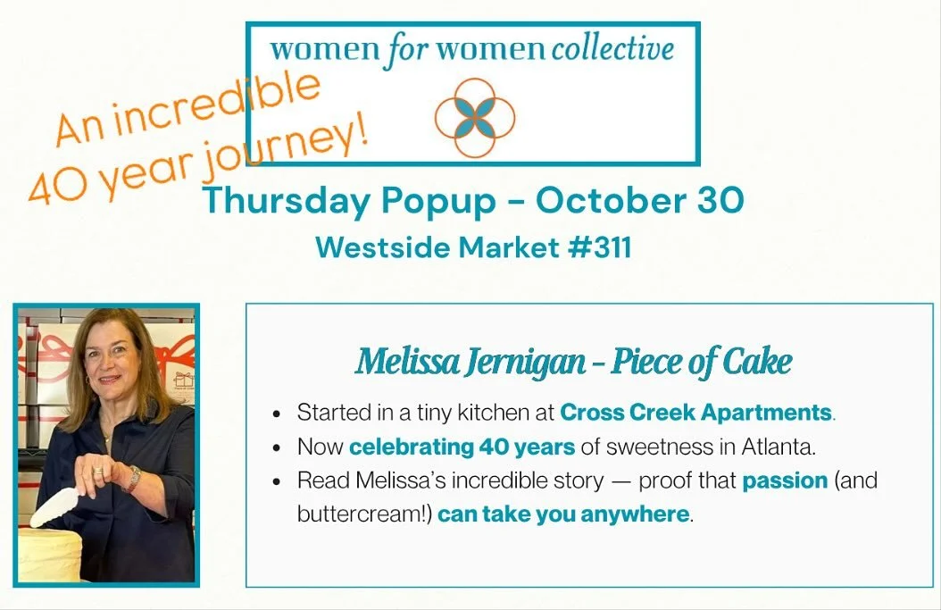 From a tiny kitchen to 40 years of baking magic 🎂
Meet Melissa Jernigan of Piece of Cake this Thursday 10&ndash;2 at the W4W Collective, Westside Market.
Stop by, say hello, and grab a slice of inspiration (and maybe a cupcake too). 😉
#WomenSupport
