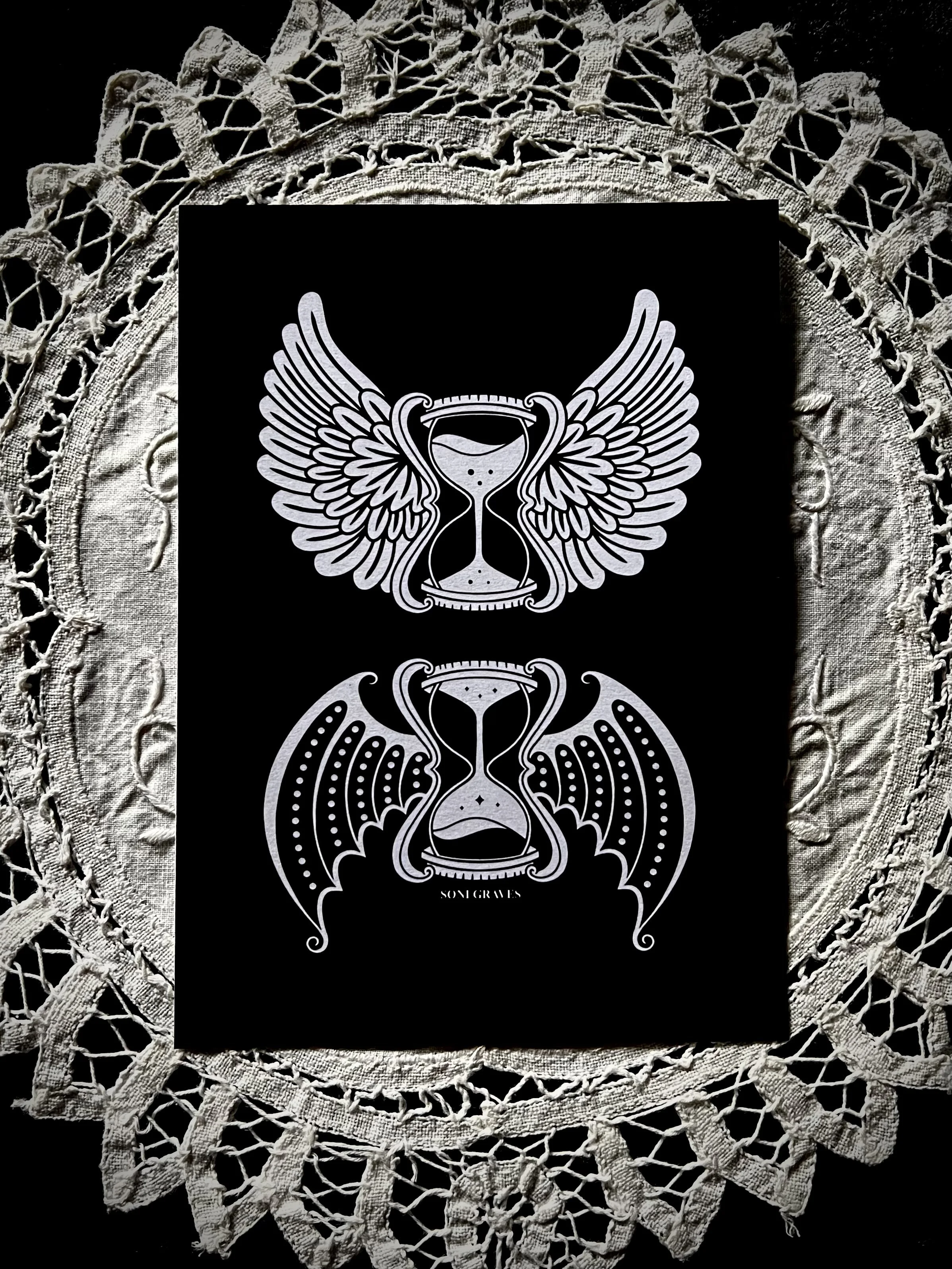 Flying Hourglass Print, 5x7", Spooky Gothic Dark Art