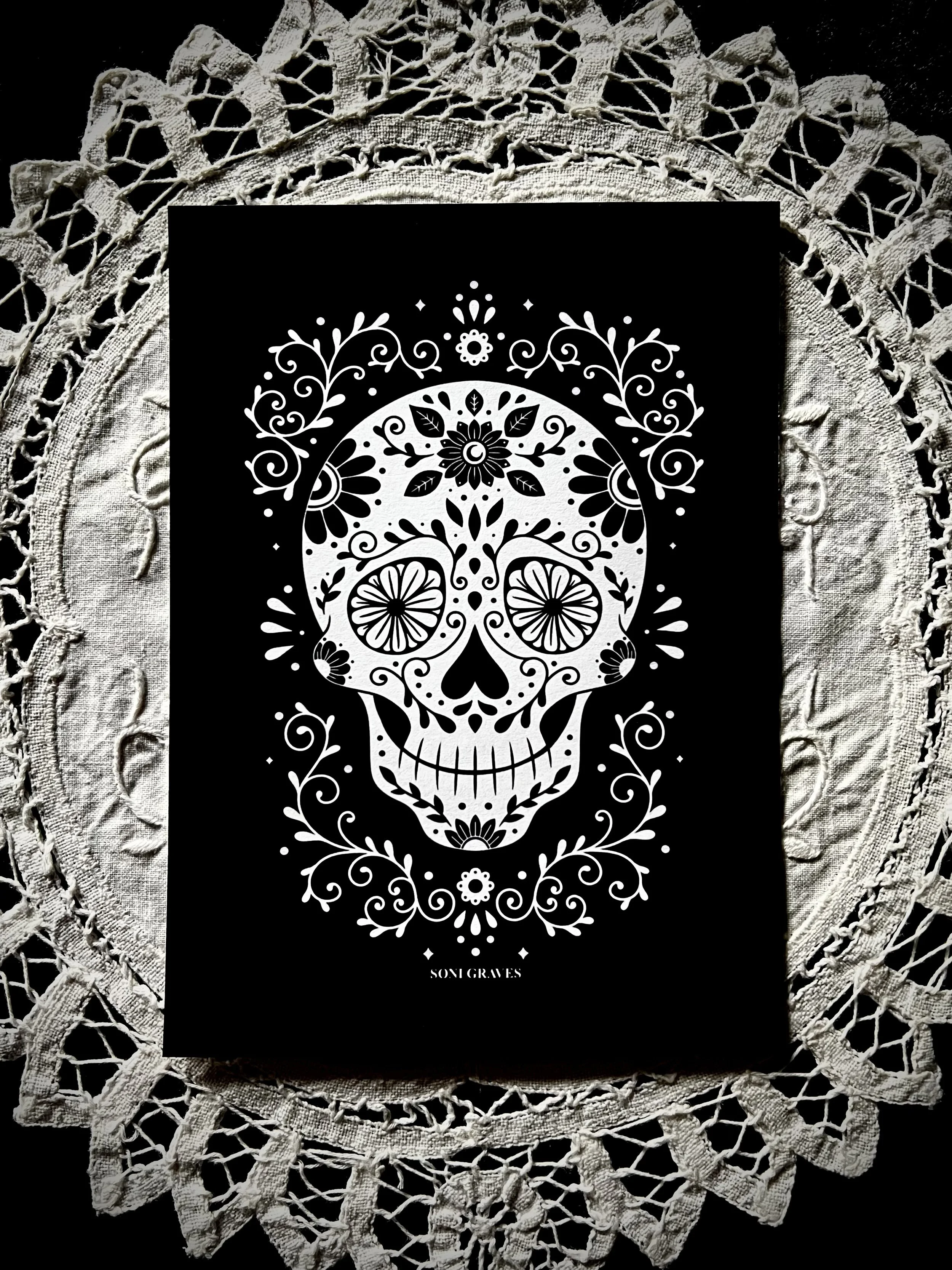 Sugar Skull Print, 5x7", Spooky Gothic Dark Art, Dia De Los Muertos