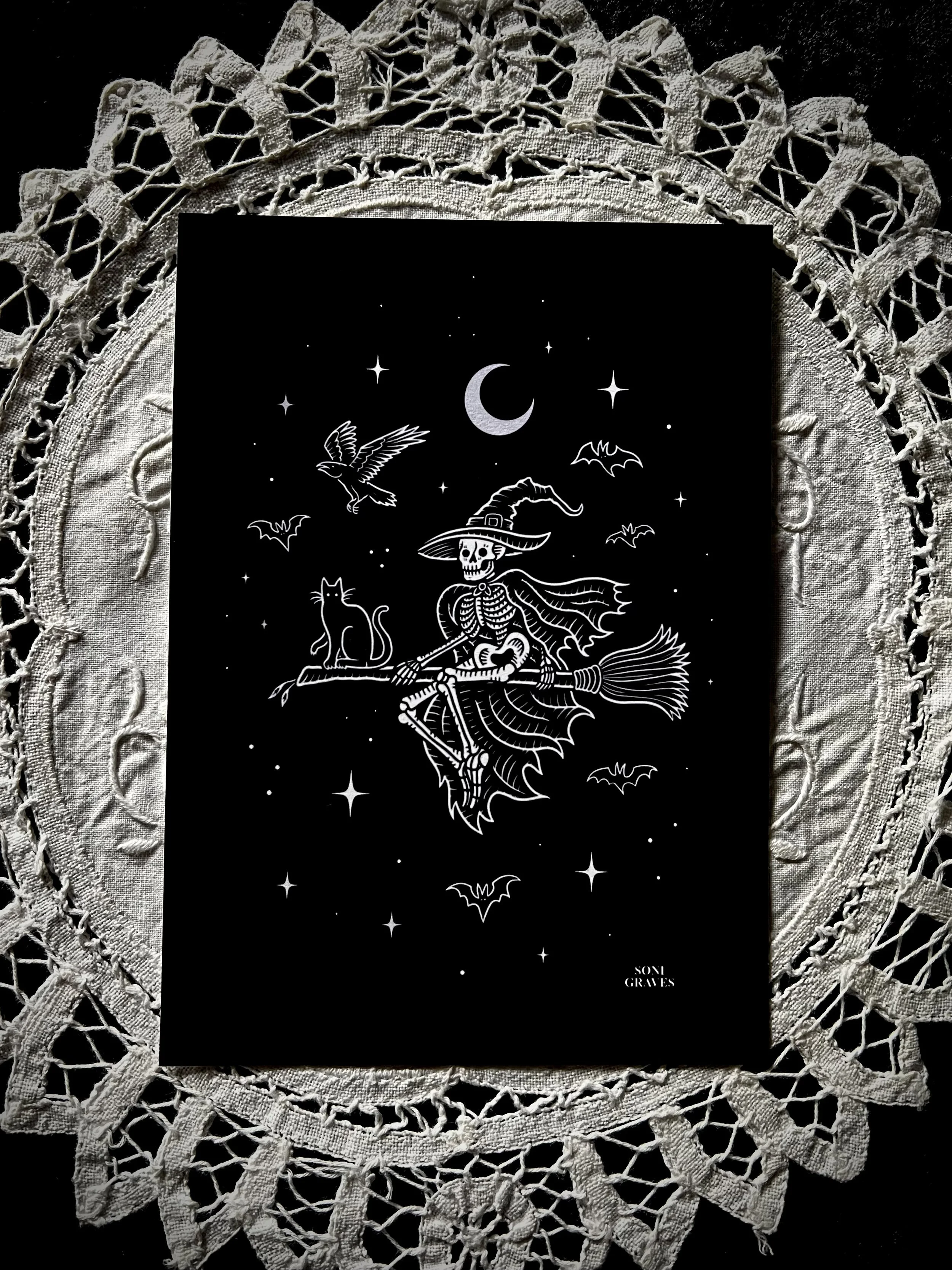Flying Witch & Familiar Print, 5x7", Spooky Gothic Dark Art