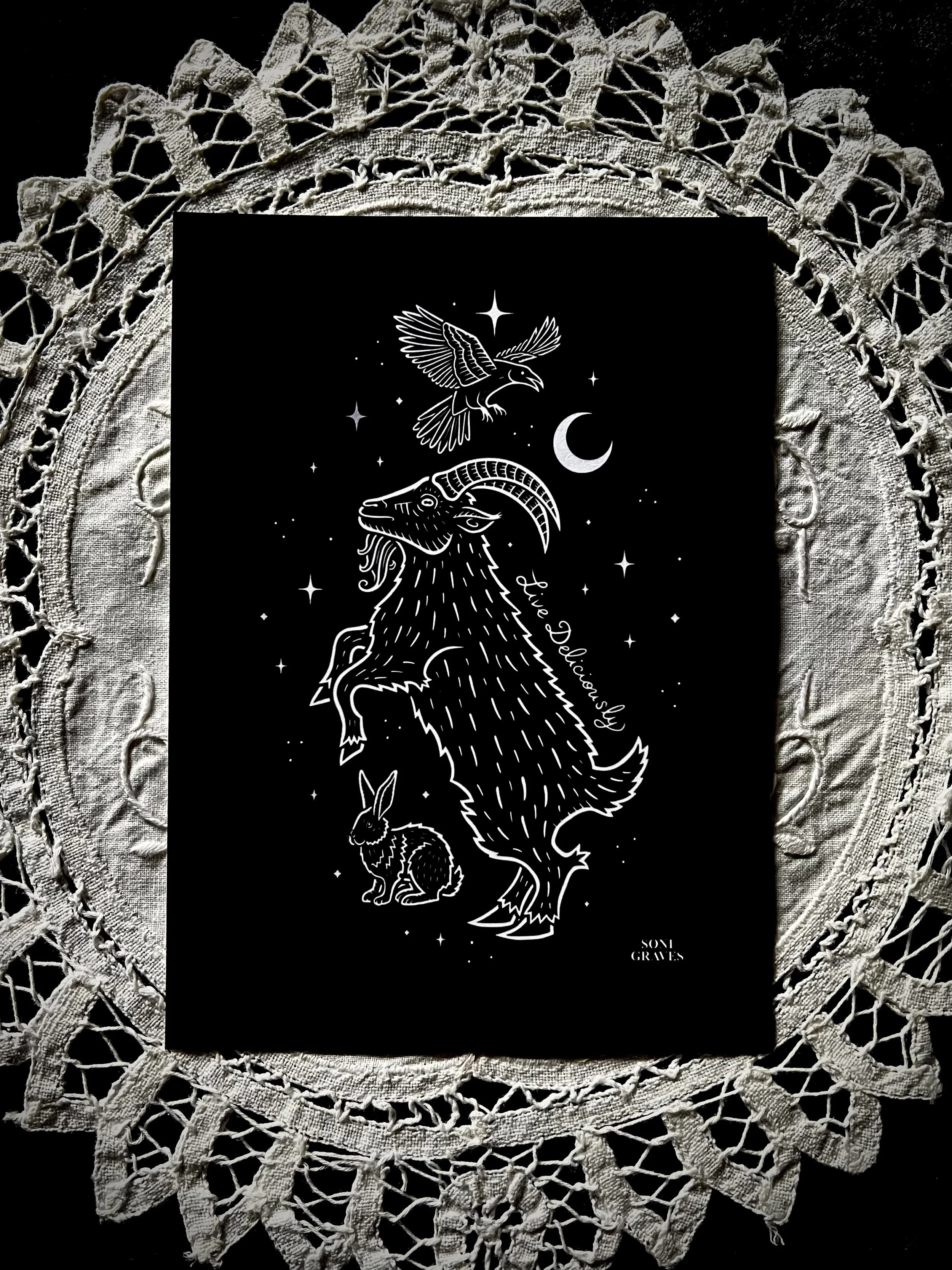 Black Goat Print, 5x7", Spooky Gothic Dark Art