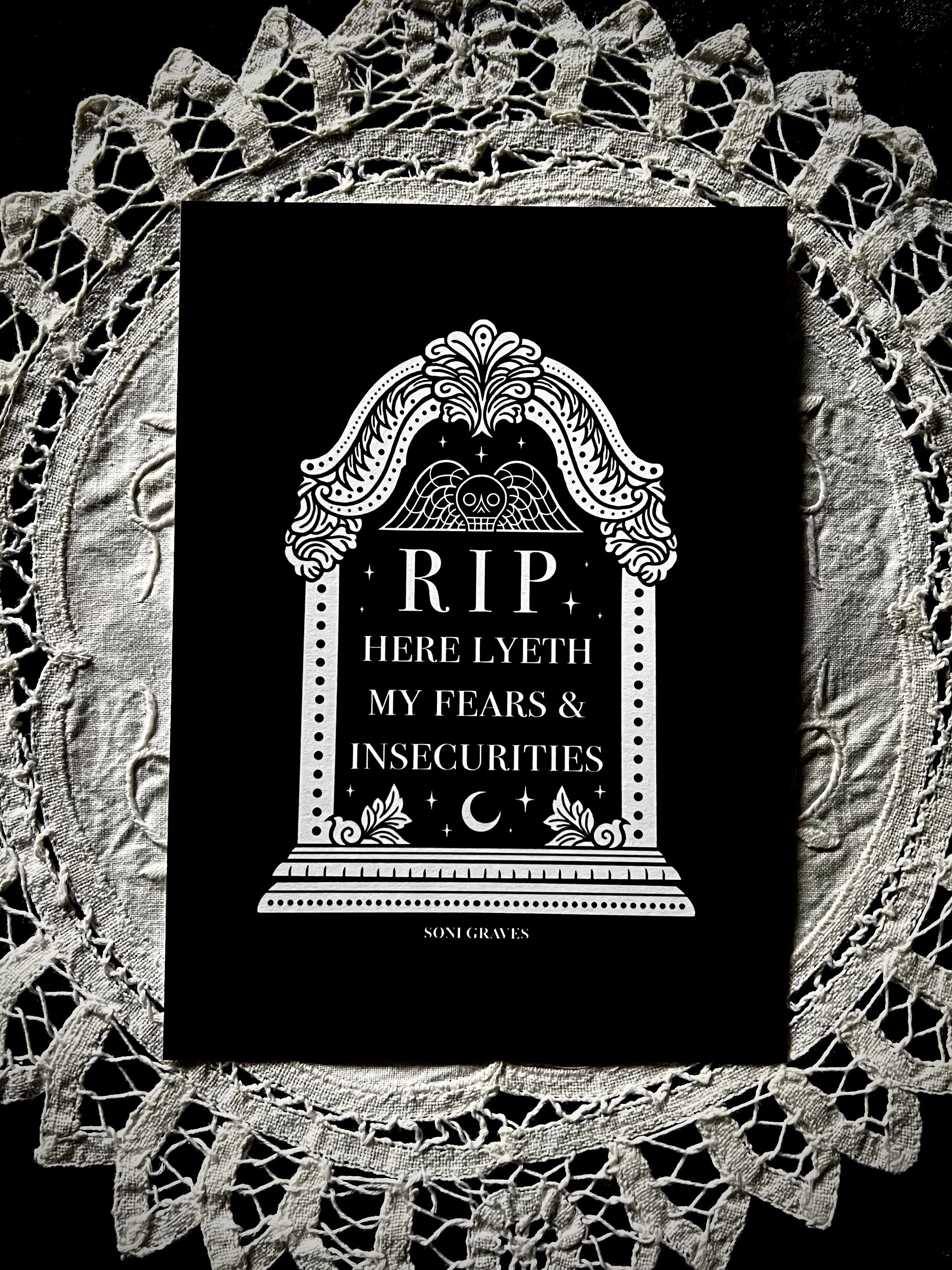 RIP Here Lyeth Gravestone Print, 5x7", Spooky Gothic Dark Art