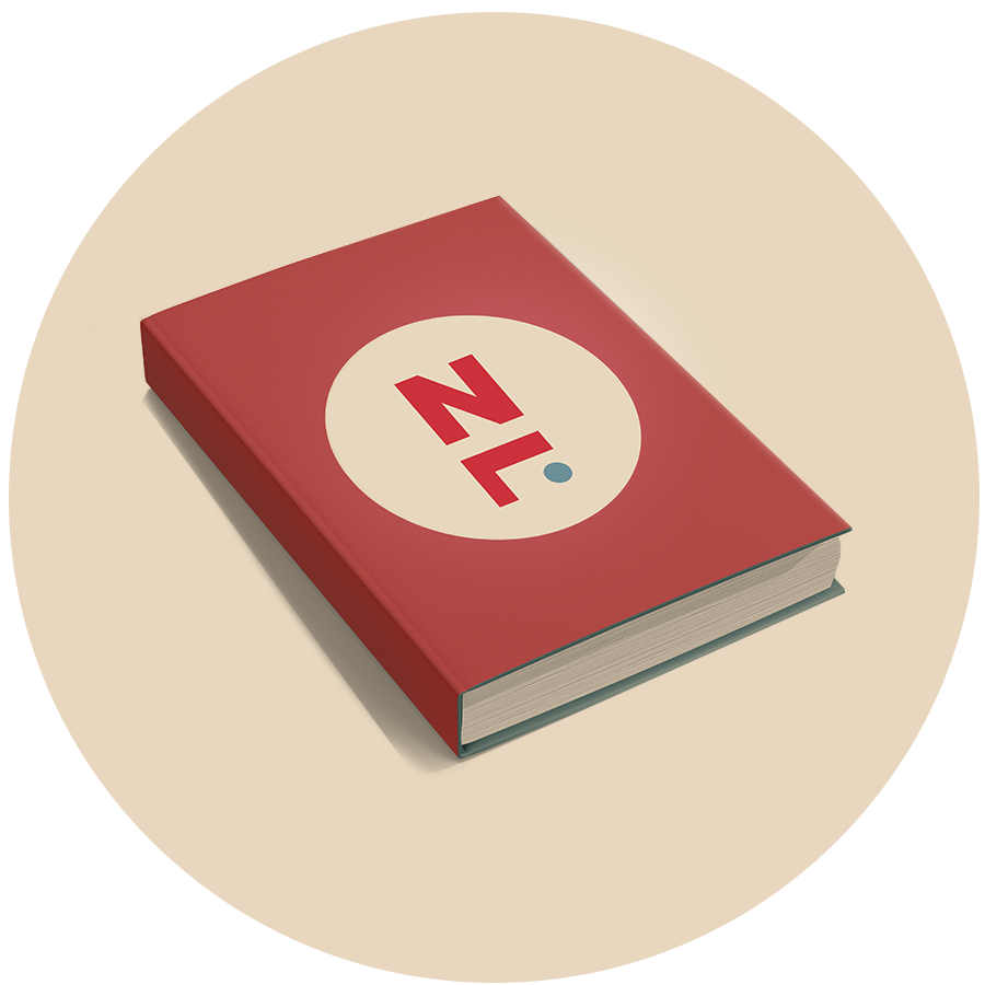 A red book with a white circle on the cover, containing the letters 'NL' and a small teal dot, placed on a beige book surface.