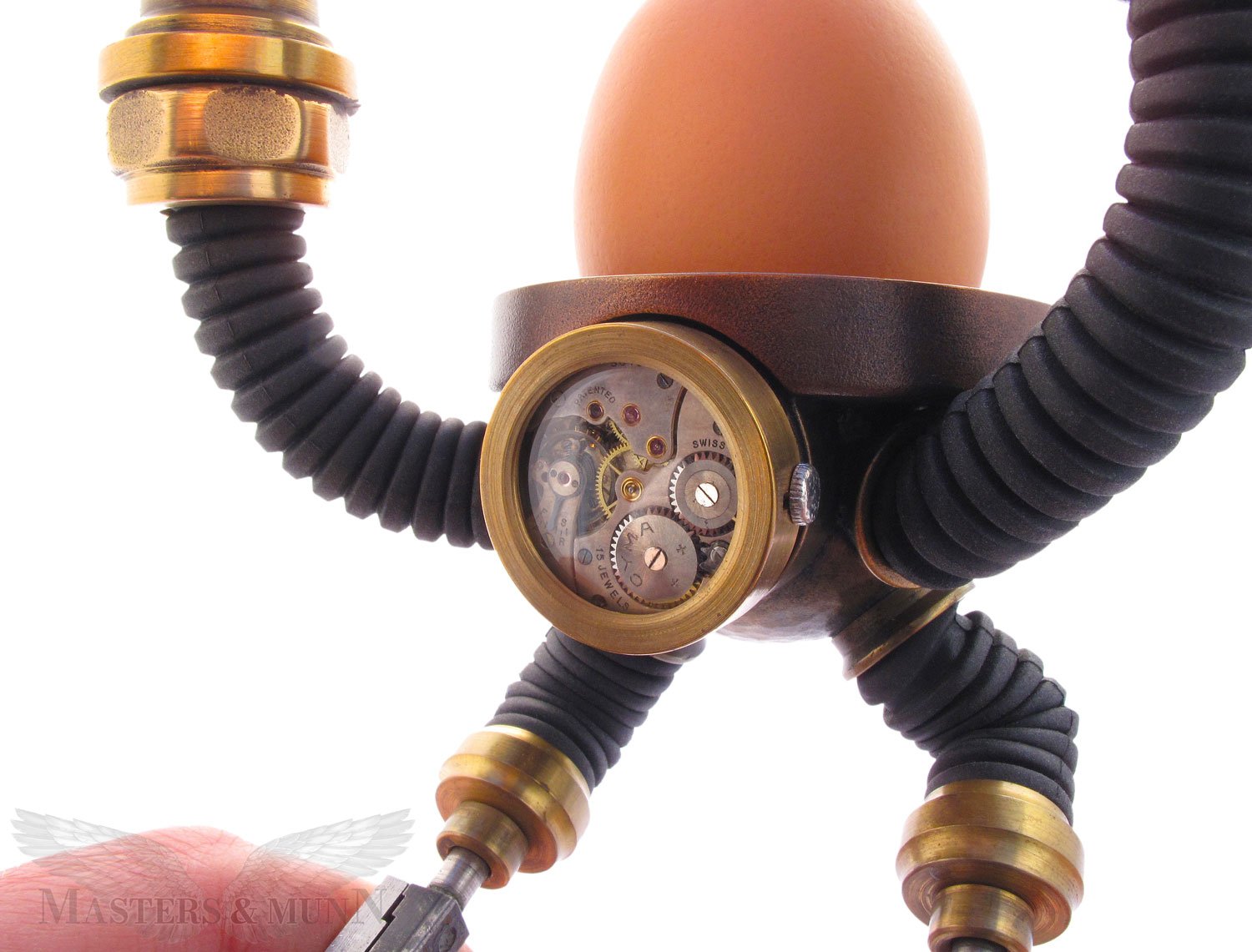 "The Eggmatic" - unique brass, copper, steel articulated character sculpture that doubles as a stop-frame animation puppet. (Available for immediate purchase).