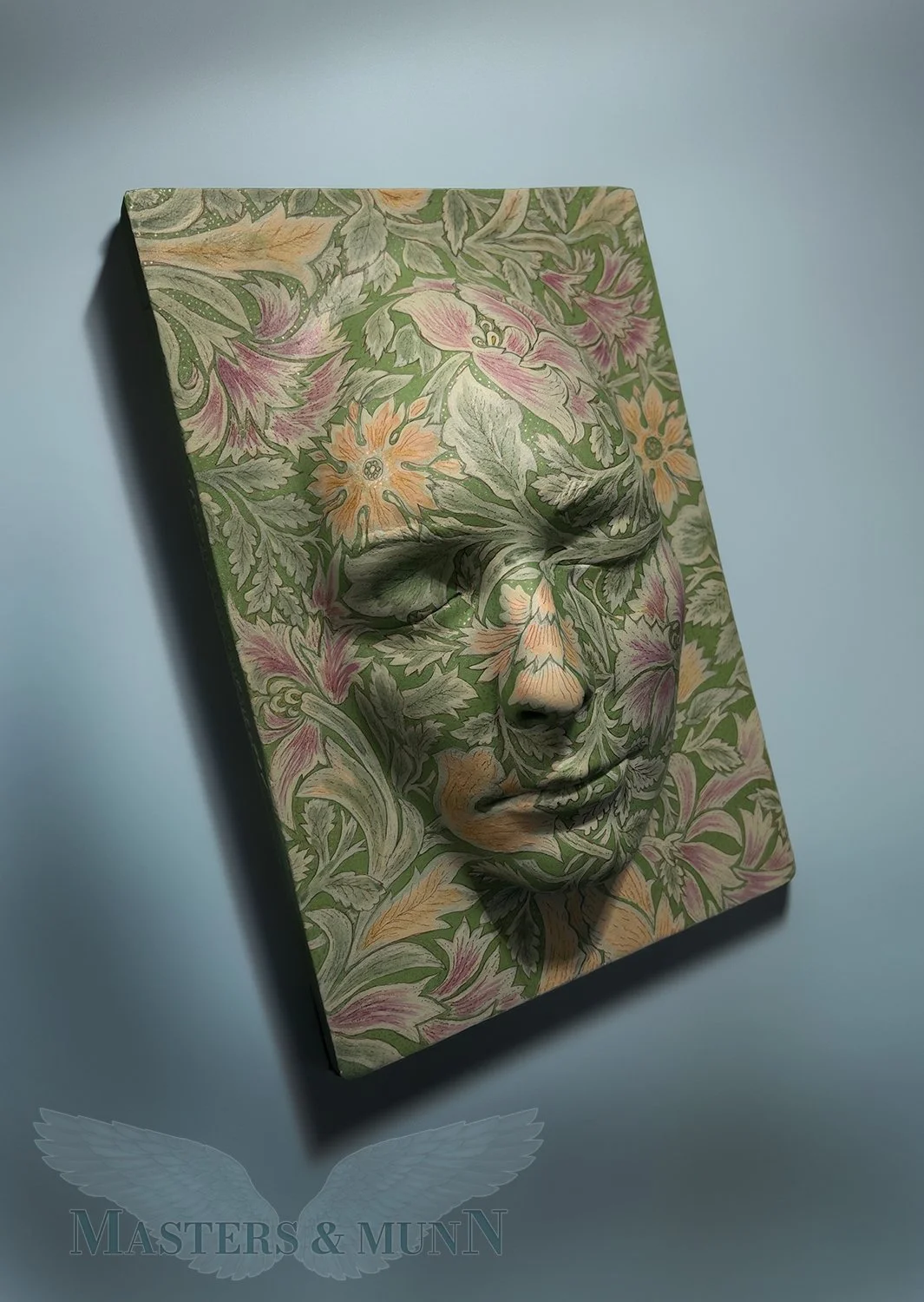 'Wallflower III', unique, hand-painted wall-mounted sculpture. Gypsum, acrylic, pastel-pencils, sepia ink, gold ink, gold leaf, traditional cow's milk glaze. Available for purchase, £2800. 