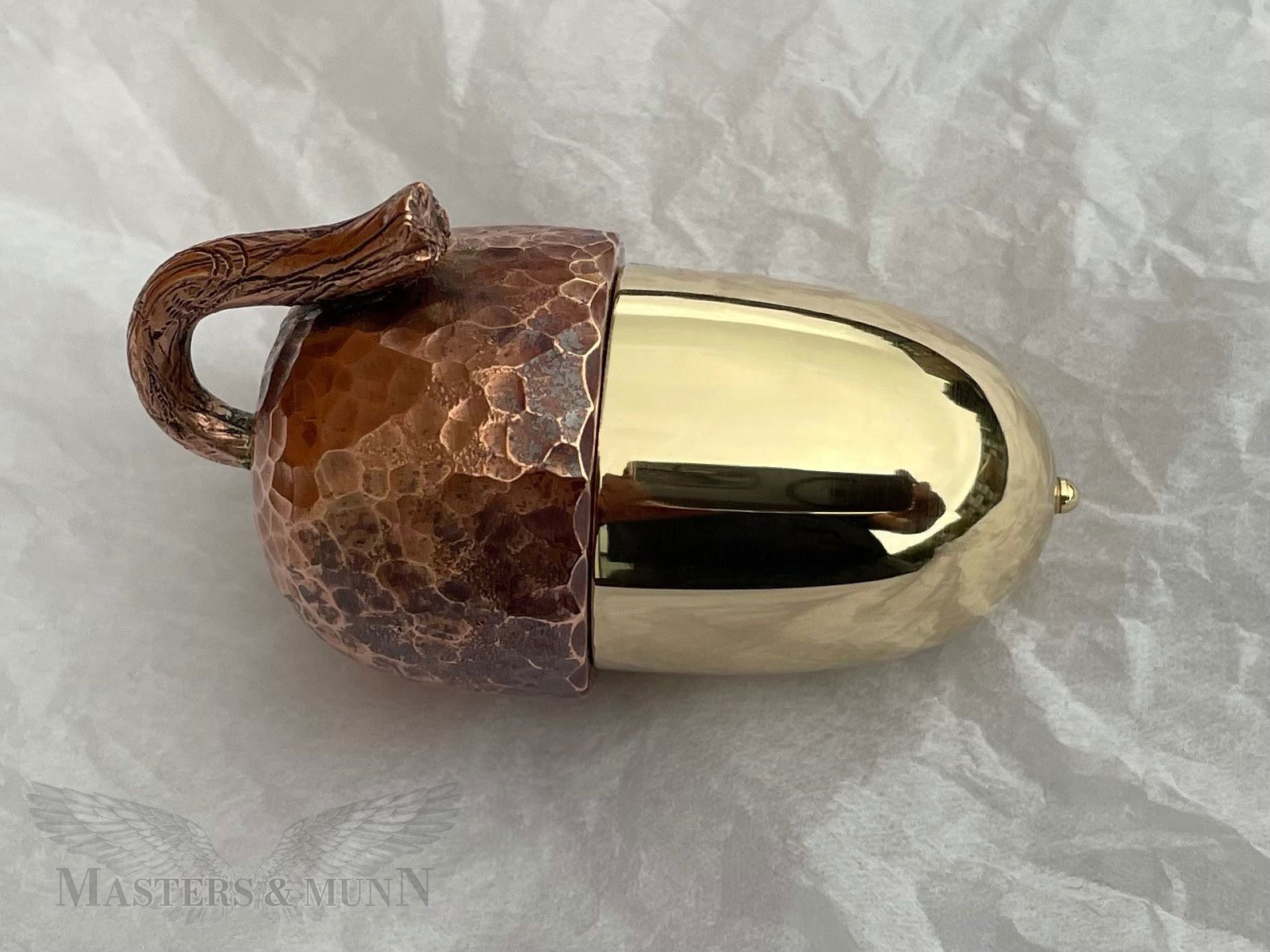 Bespoke christening gift - brass and copper acorn pendant, designed to contain first lock of hair, first tooth, or other personal baby items. Similar pieces available to order.