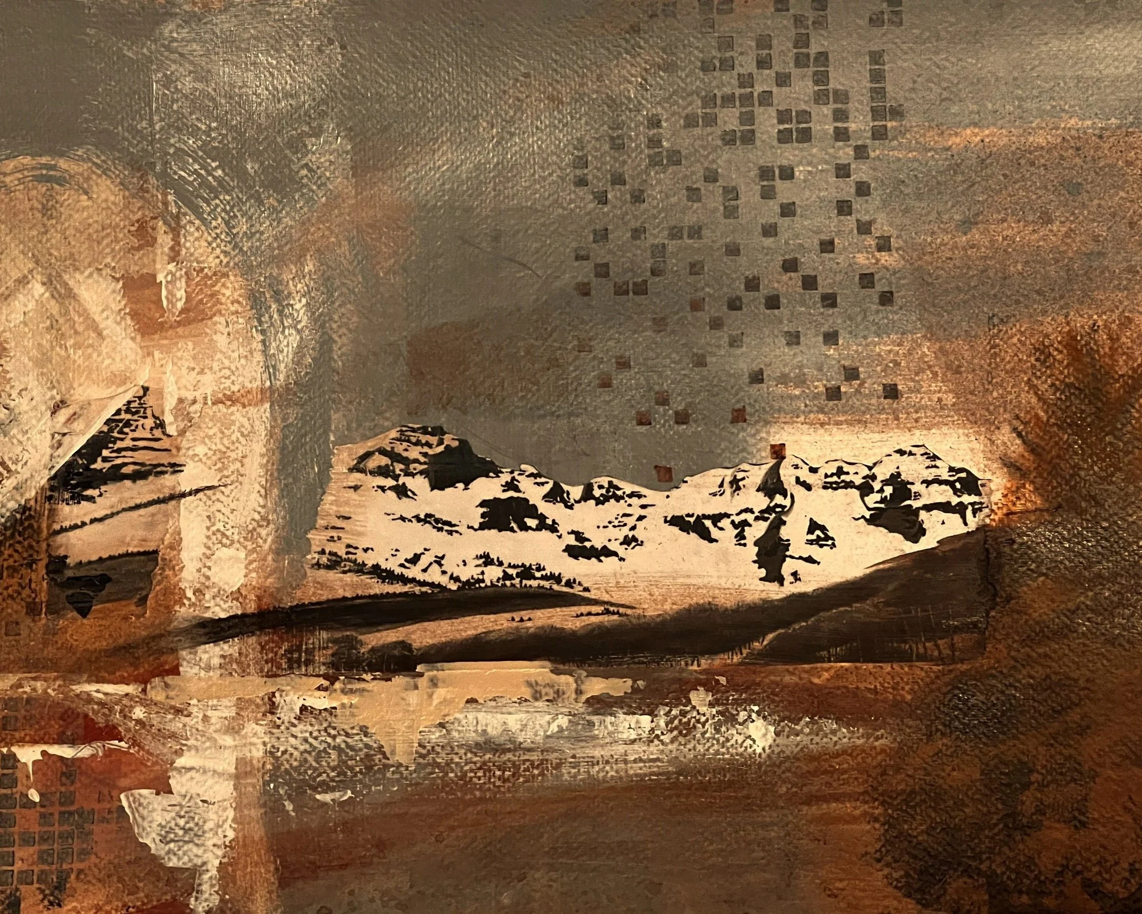 Snow On The Mountain, 14 x 11, acrylic, oil pastel, collage, on paper