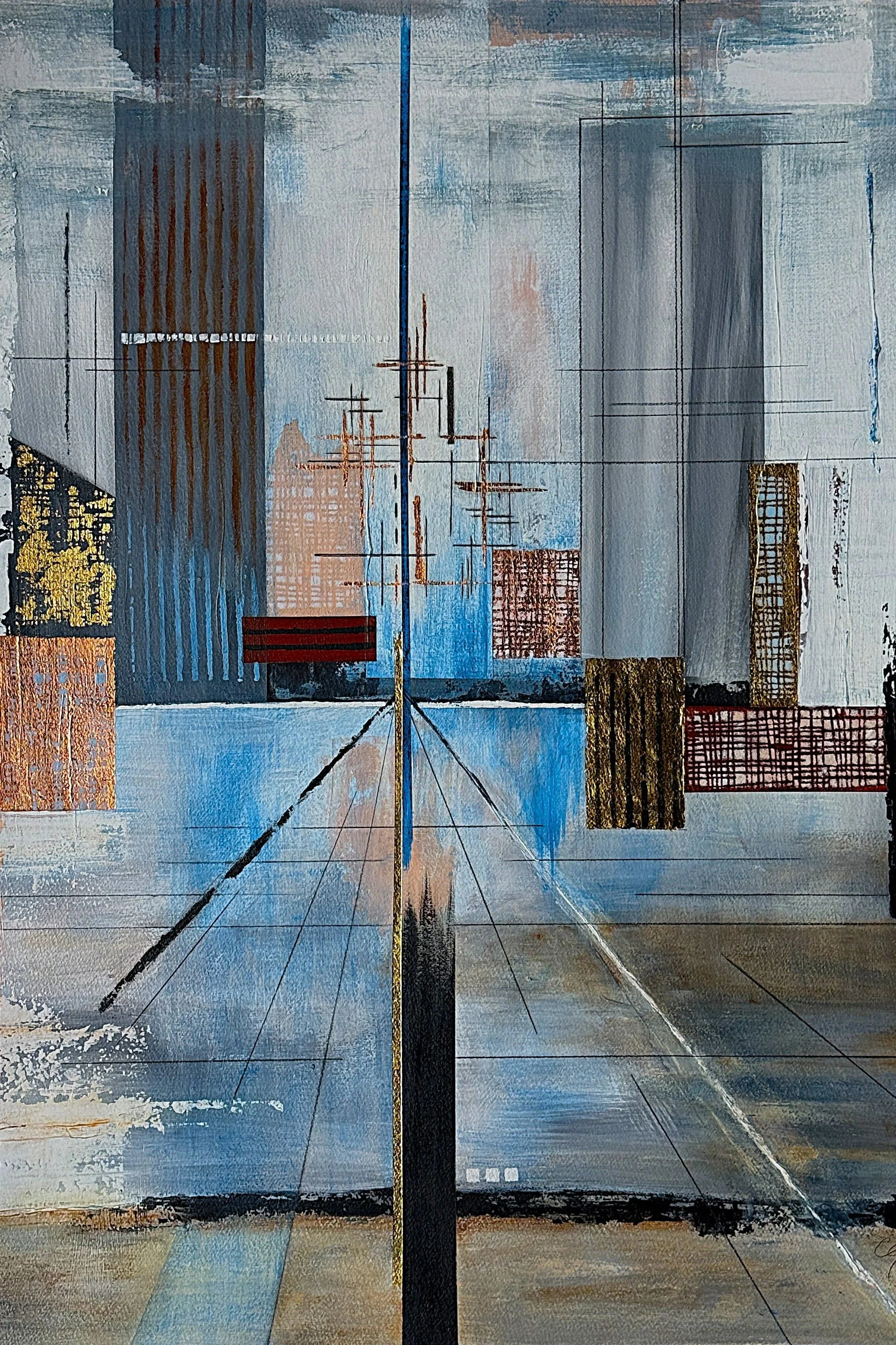 The Golden Road, 22 x 30, Acrylic, gold and copper foil, graphite on paper