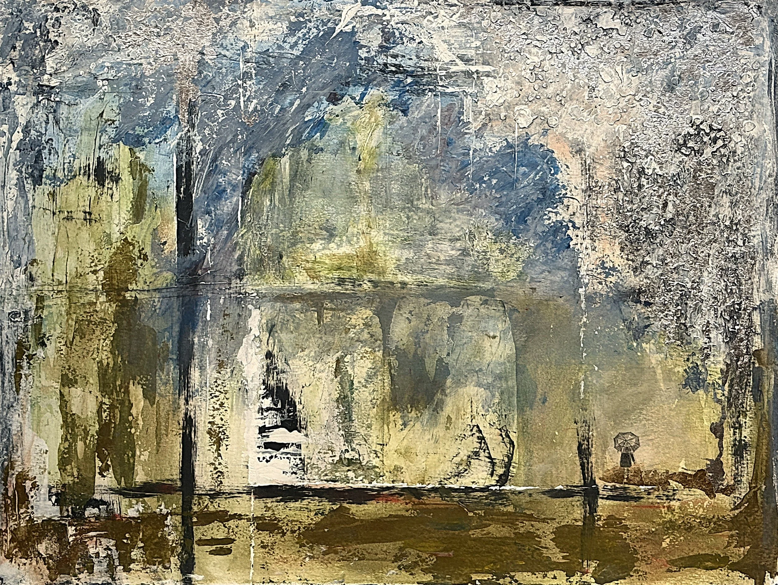 A Walk In The Rain, 24 x 18, Acrylic, graphite, silver leaf on paper
