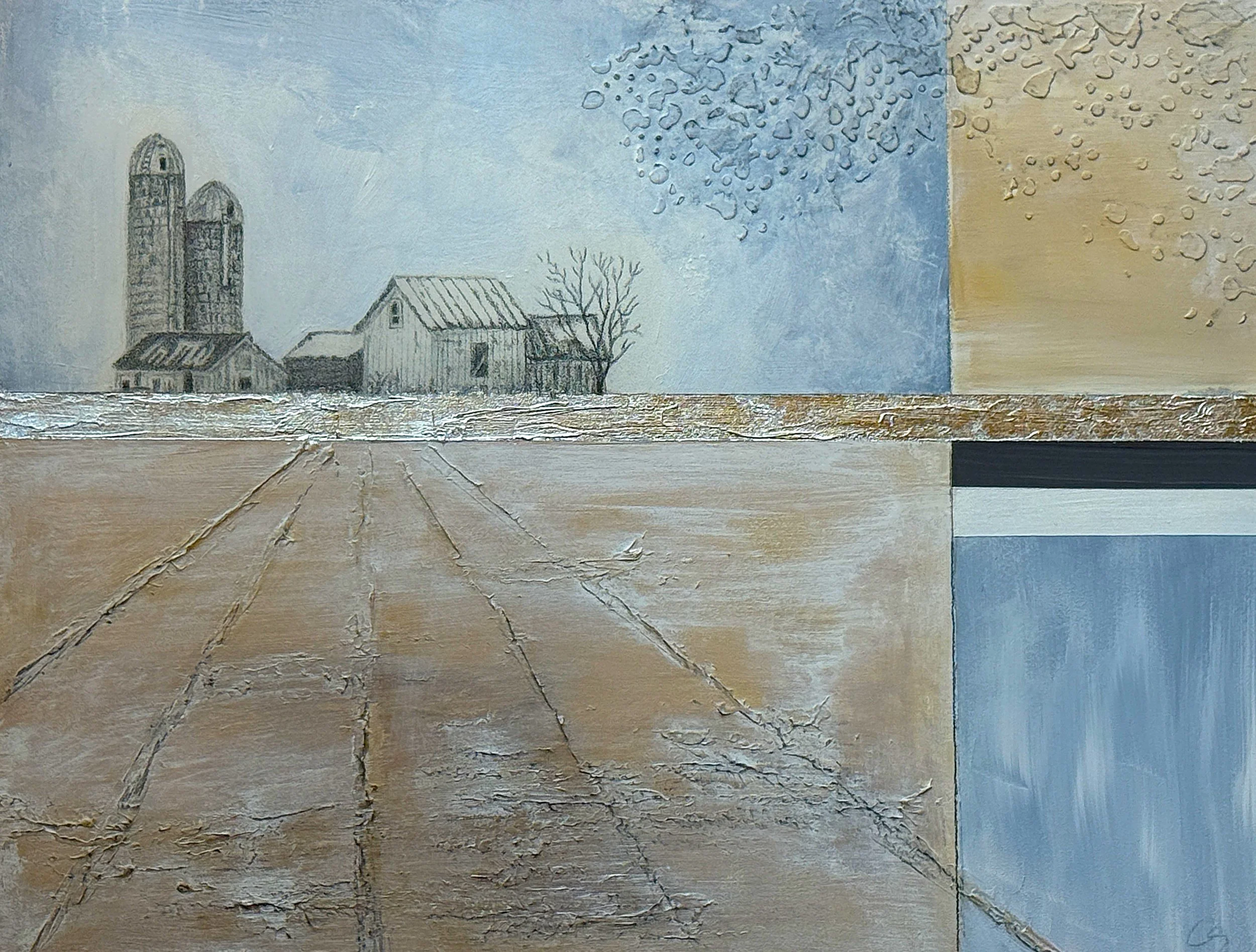 Winter Break, 14 x 11, acrylic, graphite, silver foil, on board