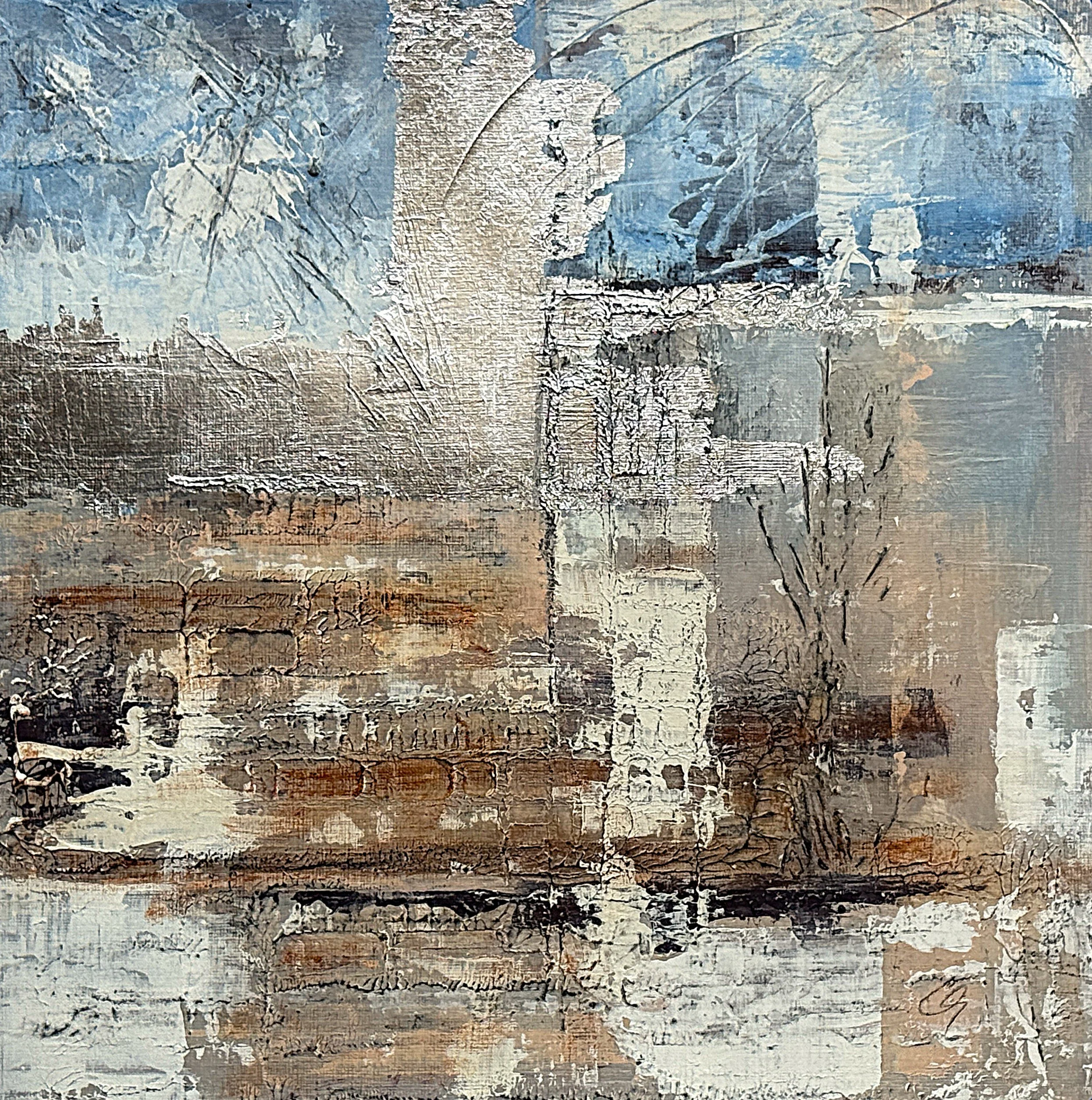 Interpretation 1, 12 x 12, acrylic, silver foil, charcoal on paper