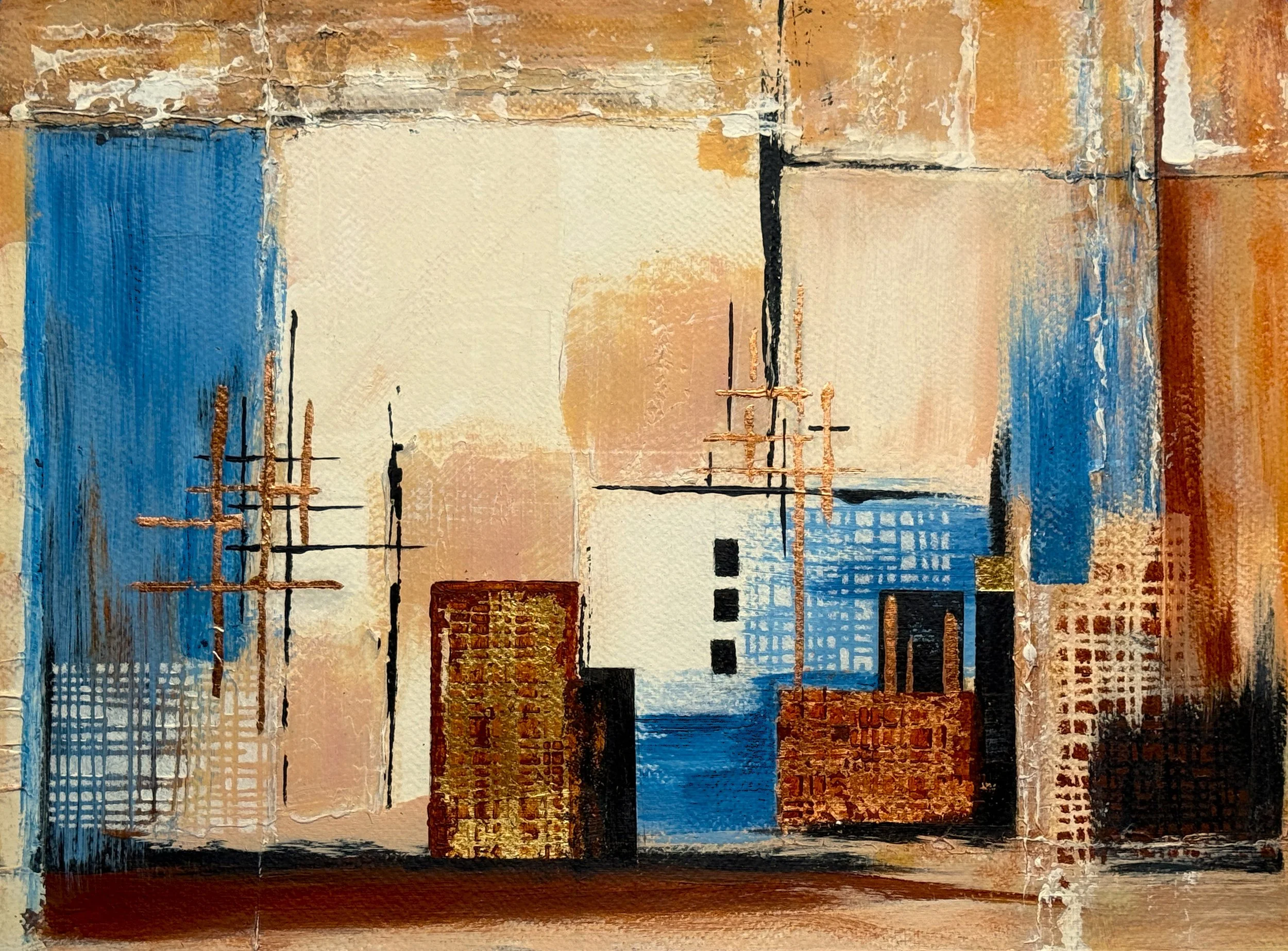 City Lights, 14 x 11, acrylic, gold and copper foil on paper