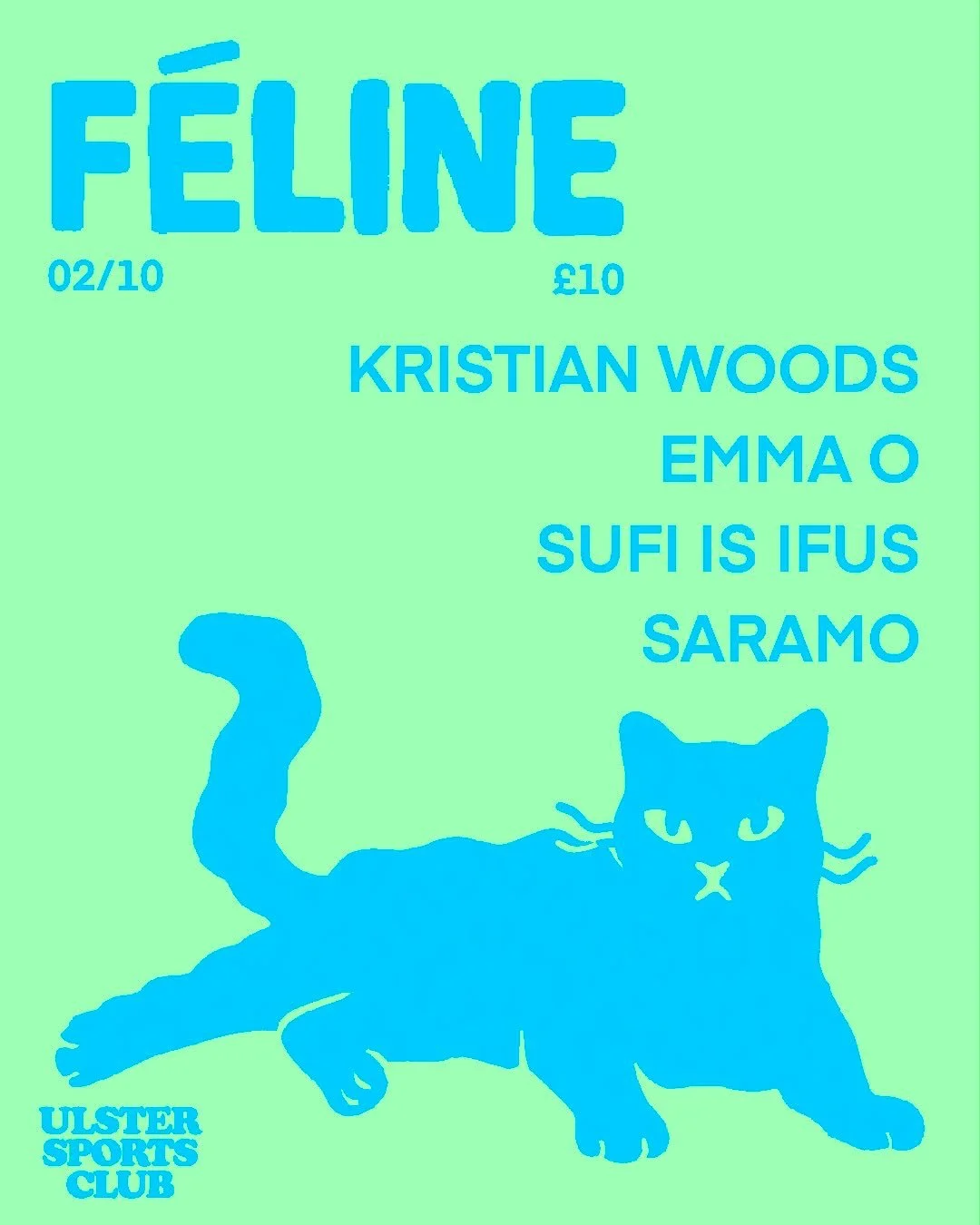 FELINE promotional club poster for techno club event in Ulster Sports Club on 2nd October 2026