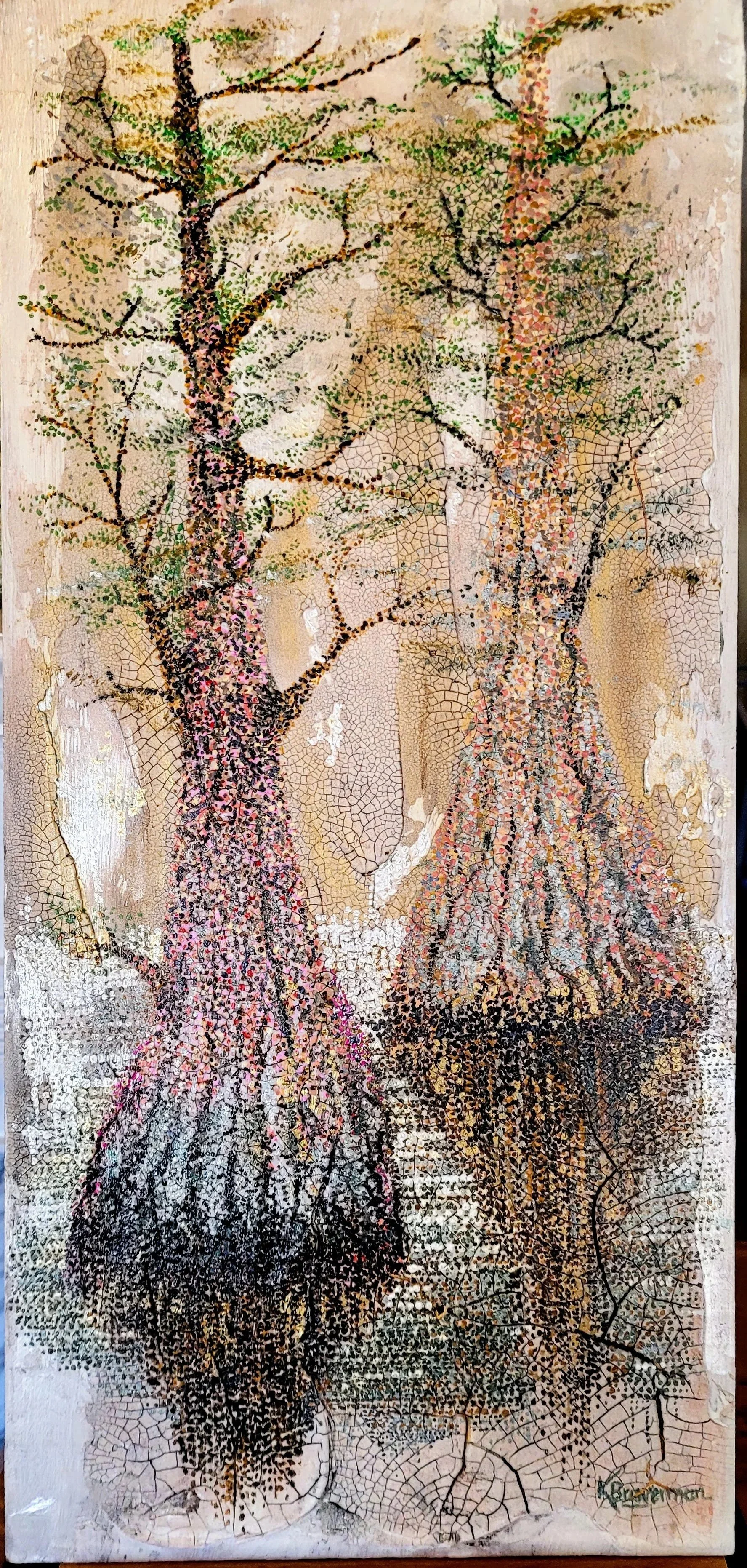 Ghosts of a Recent Paste; crackle paste and acrylic on wood; 4' x 11.5"; $1000 - postage/handling included in price