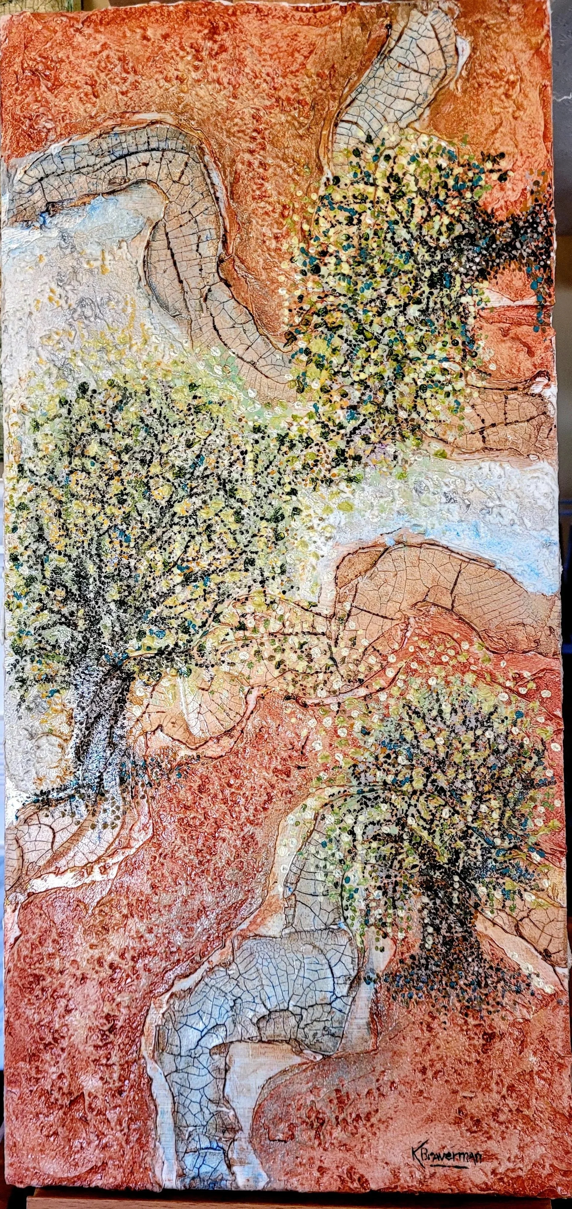 Amazonian Trail; crackle and fiber paste and acrylic on wood; 2' x 11.5"; $400 - postage/handling included in price