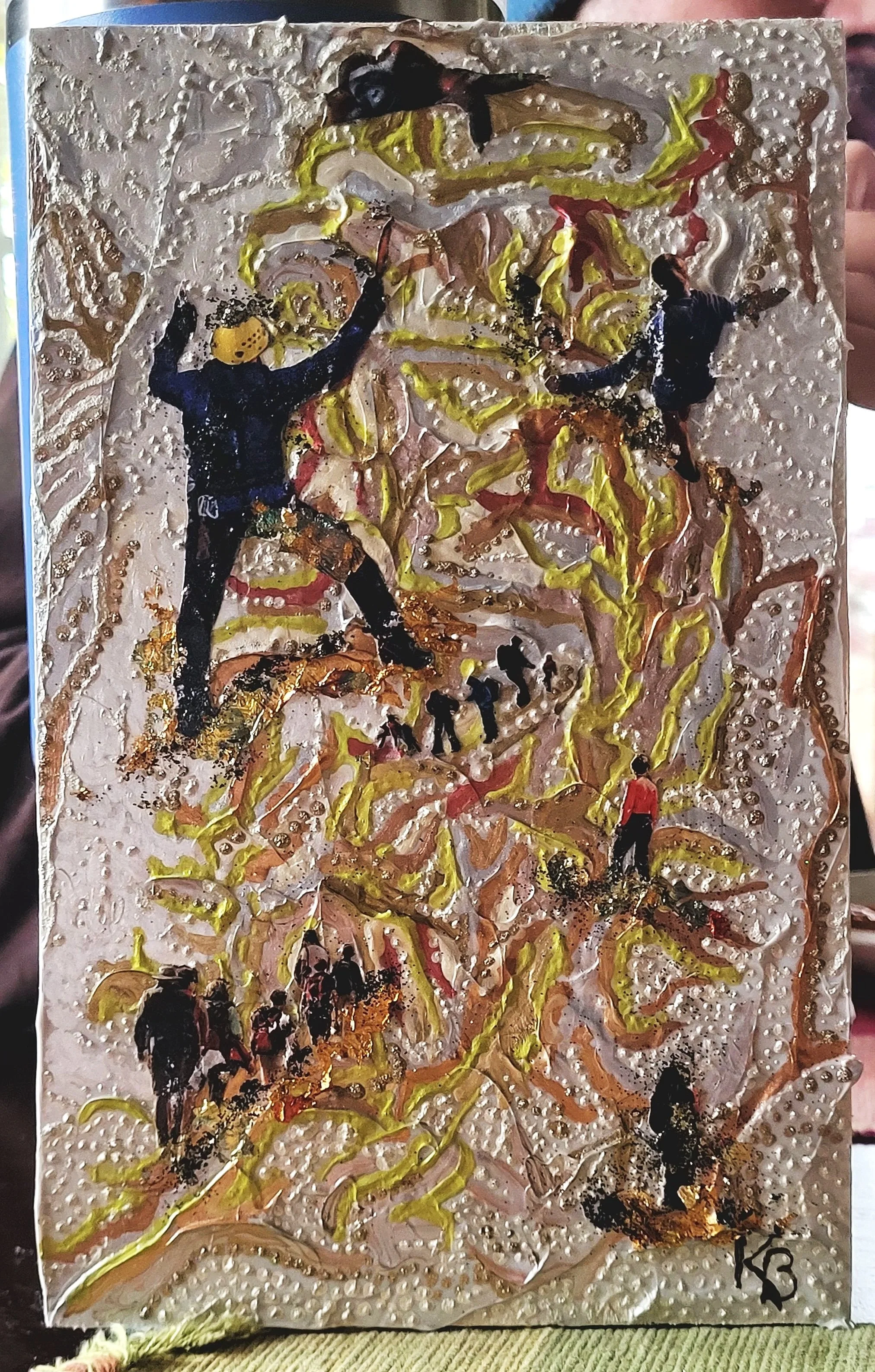 The Tourist Trap; acrylic paint and mixed media on molding paste on birch plywood. (add meaurements)
