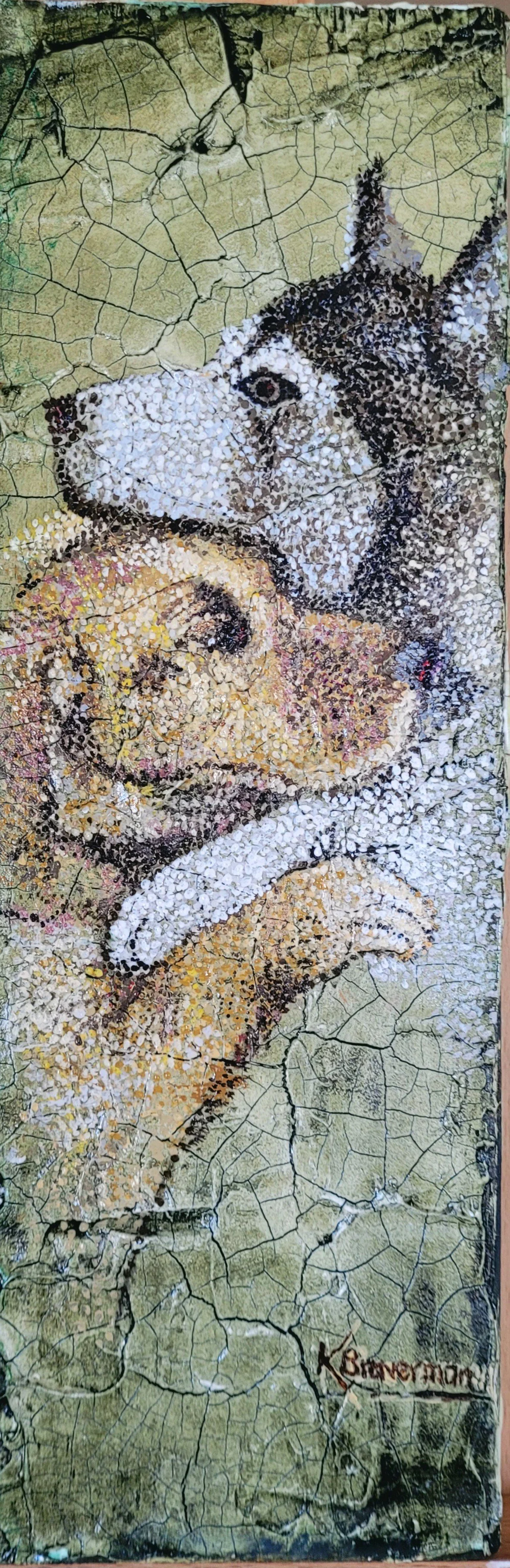 Dogs of Ukraine; crackle paste and acrylic on wood; 5.5" x 16"; $250; shipping/handling included