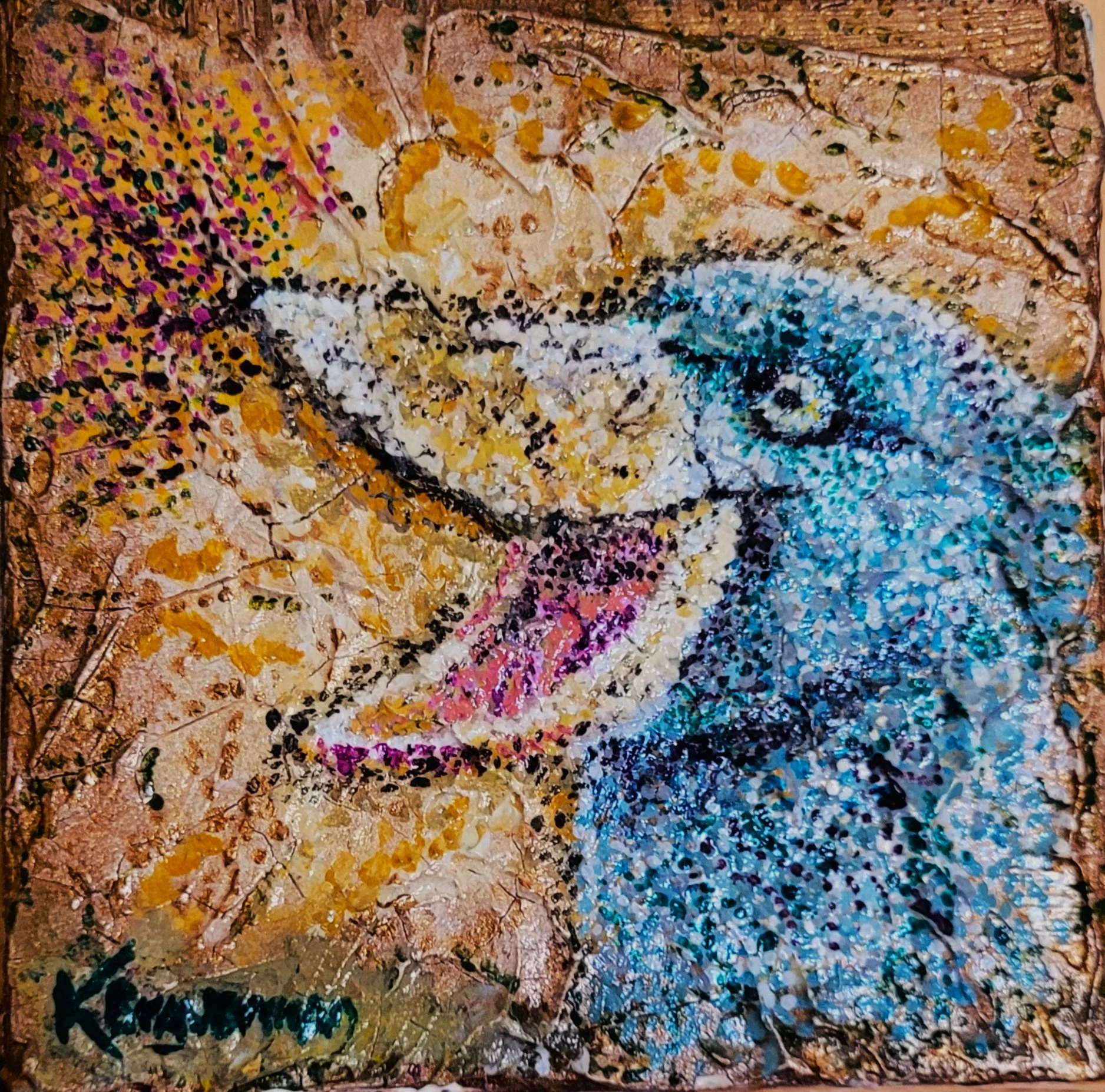 Smiling Shoebill Stork; crackle paste and acrylic on wood; 5.5" x 5.5"; $100 - postage/handling included in price