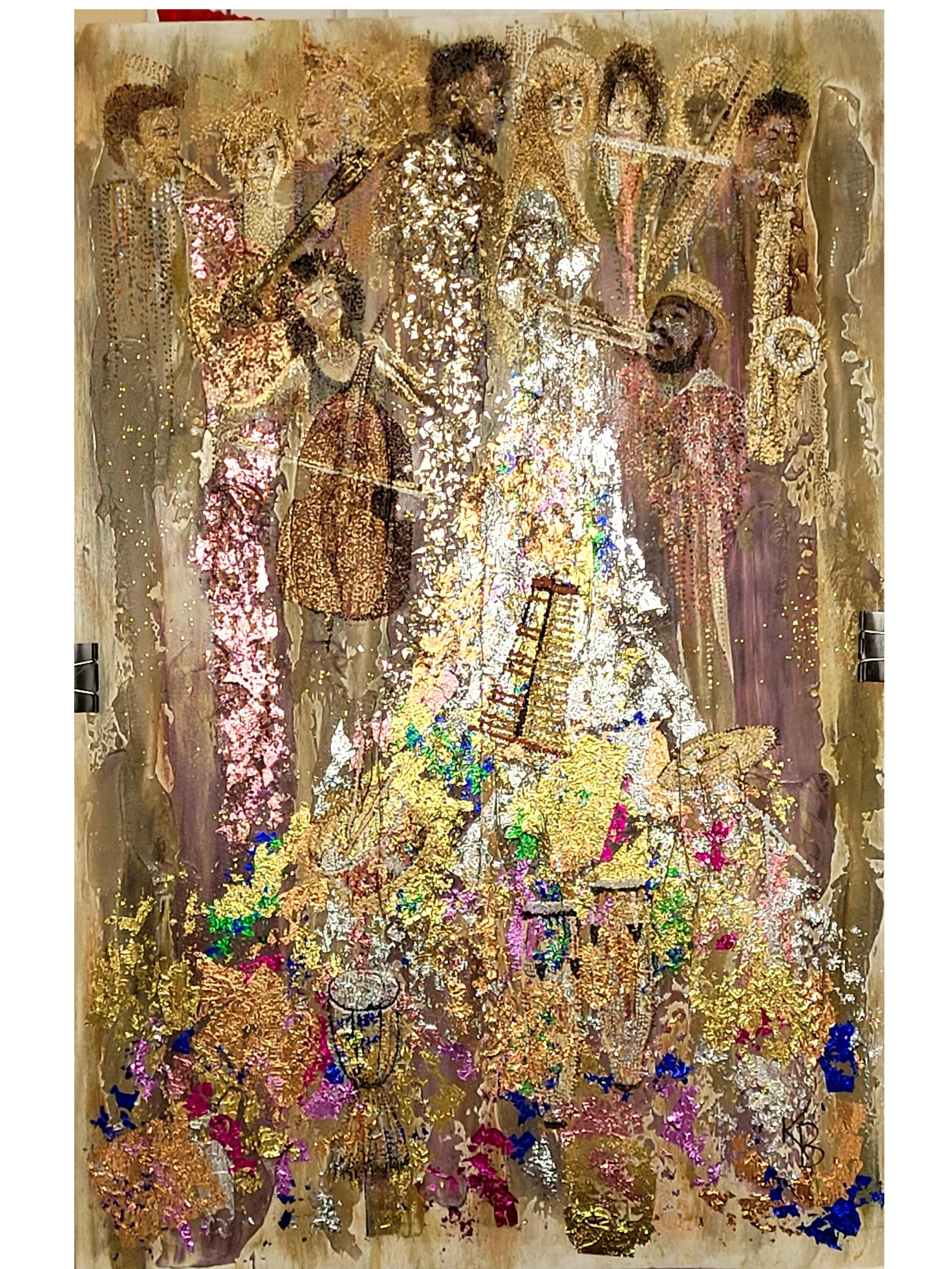 "The Band that Played at LoLa's Party" - mixed media on birch plywood. 24" x 36"