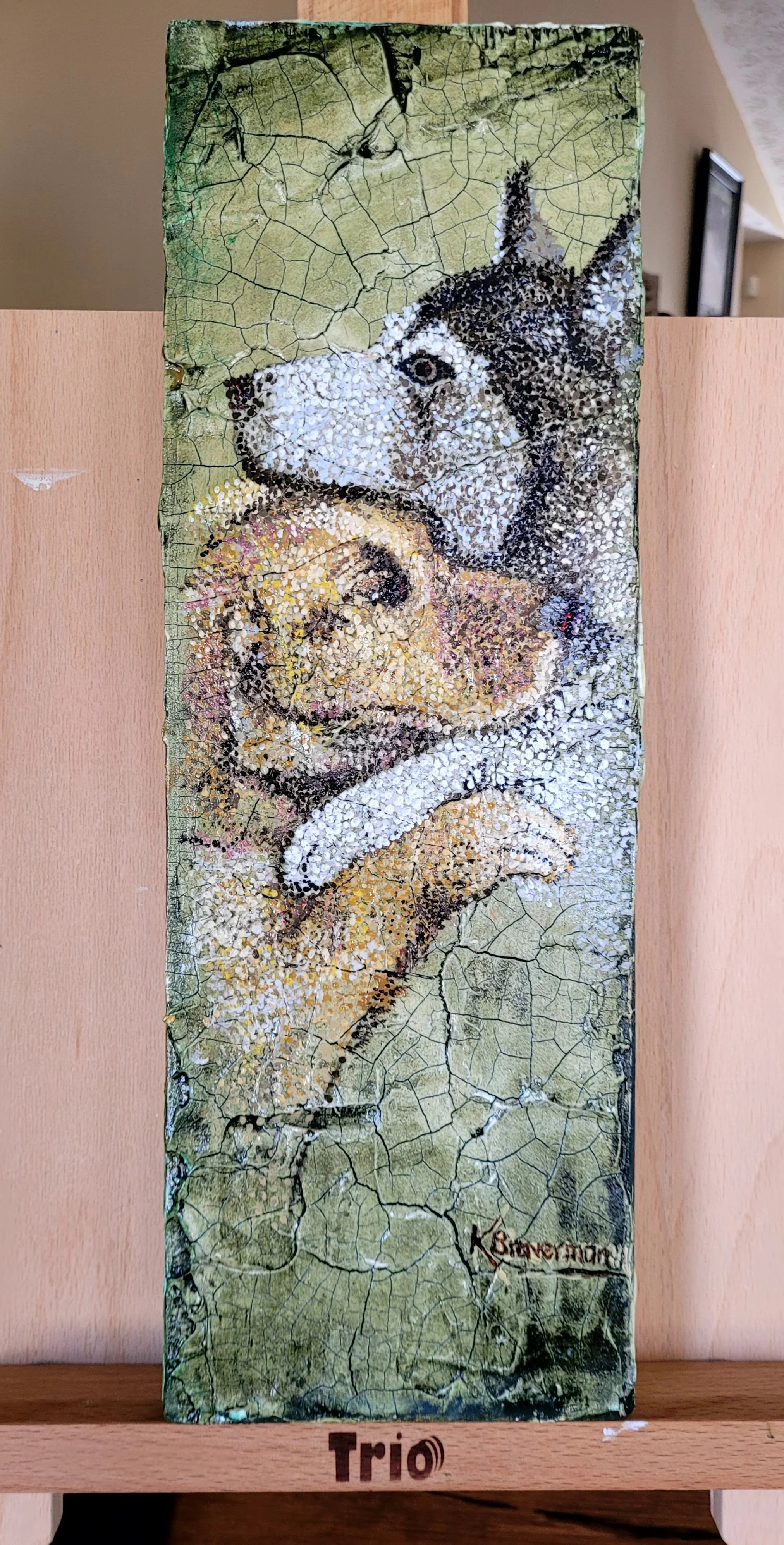 ------; acrylic paint  on crackle paste on birch plywood. (add meaurements)