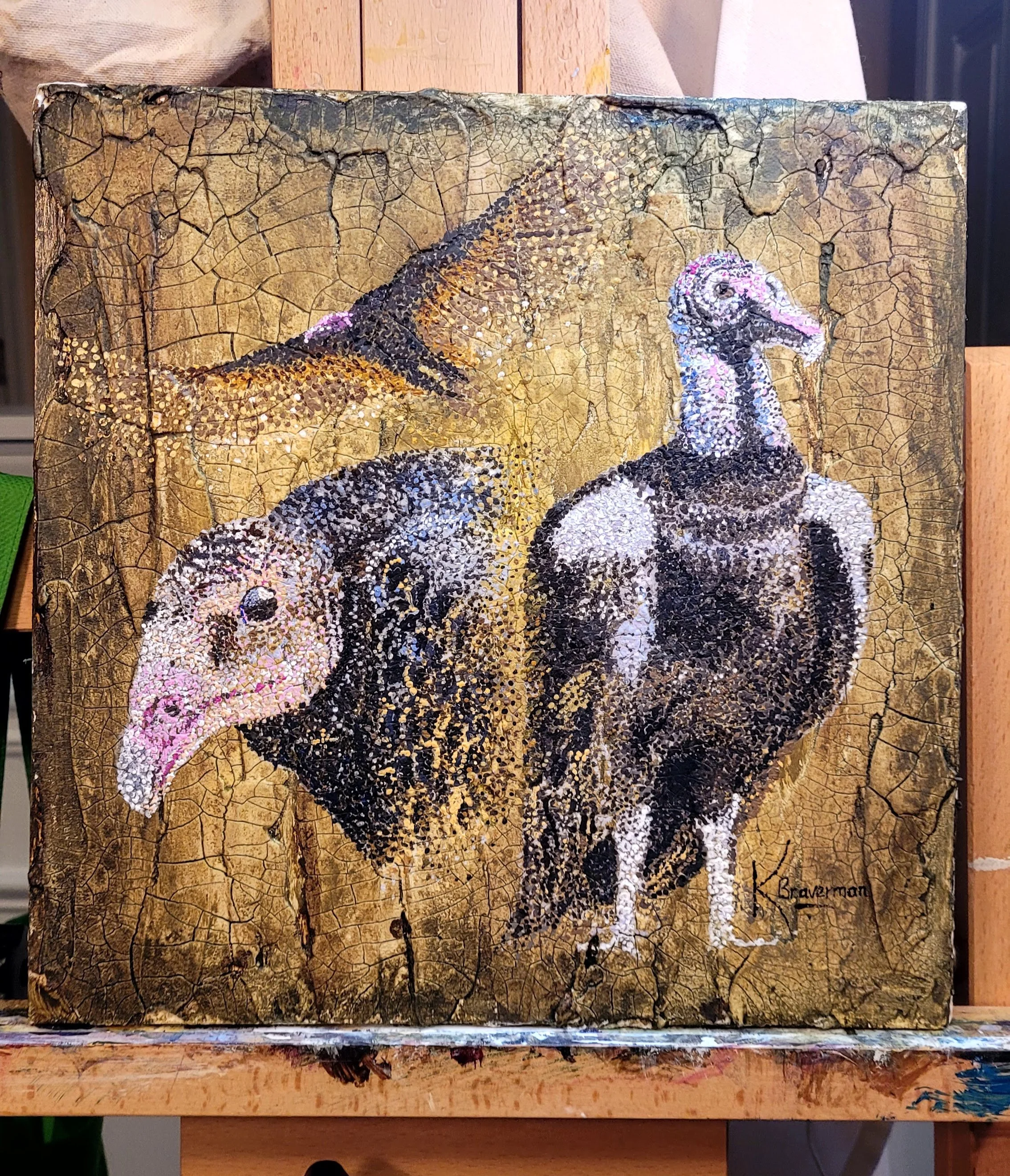 Sharon's Porch Pirates; Crackle ;paste and acrylic on wood