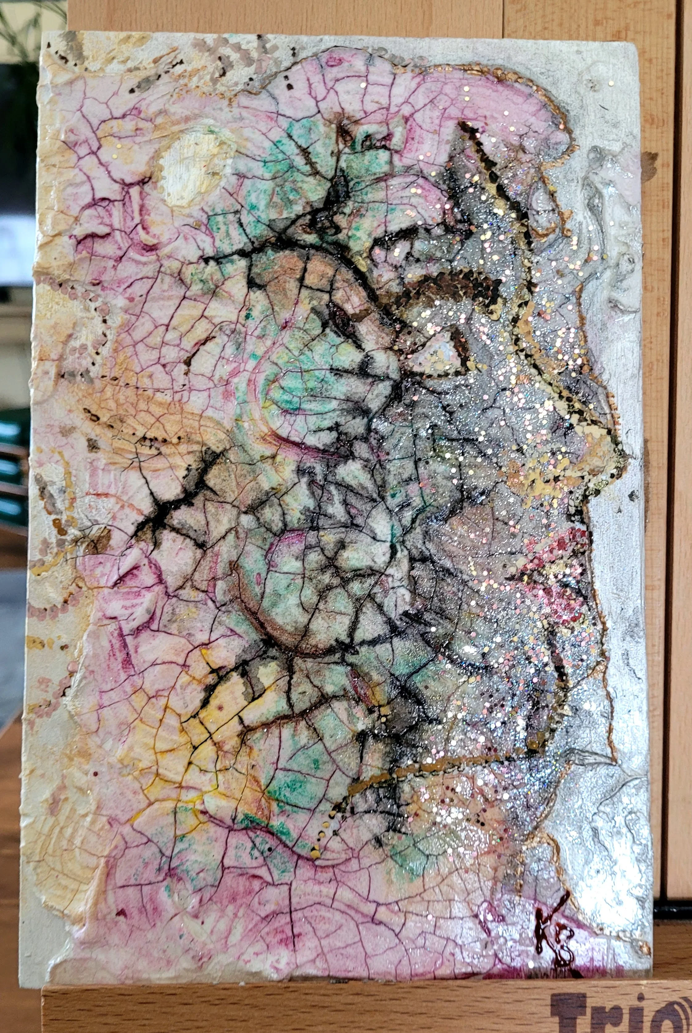 The ShowGirl; acrylic paint and mixed media on crackle paste on birch plywood. (add meaurements)
