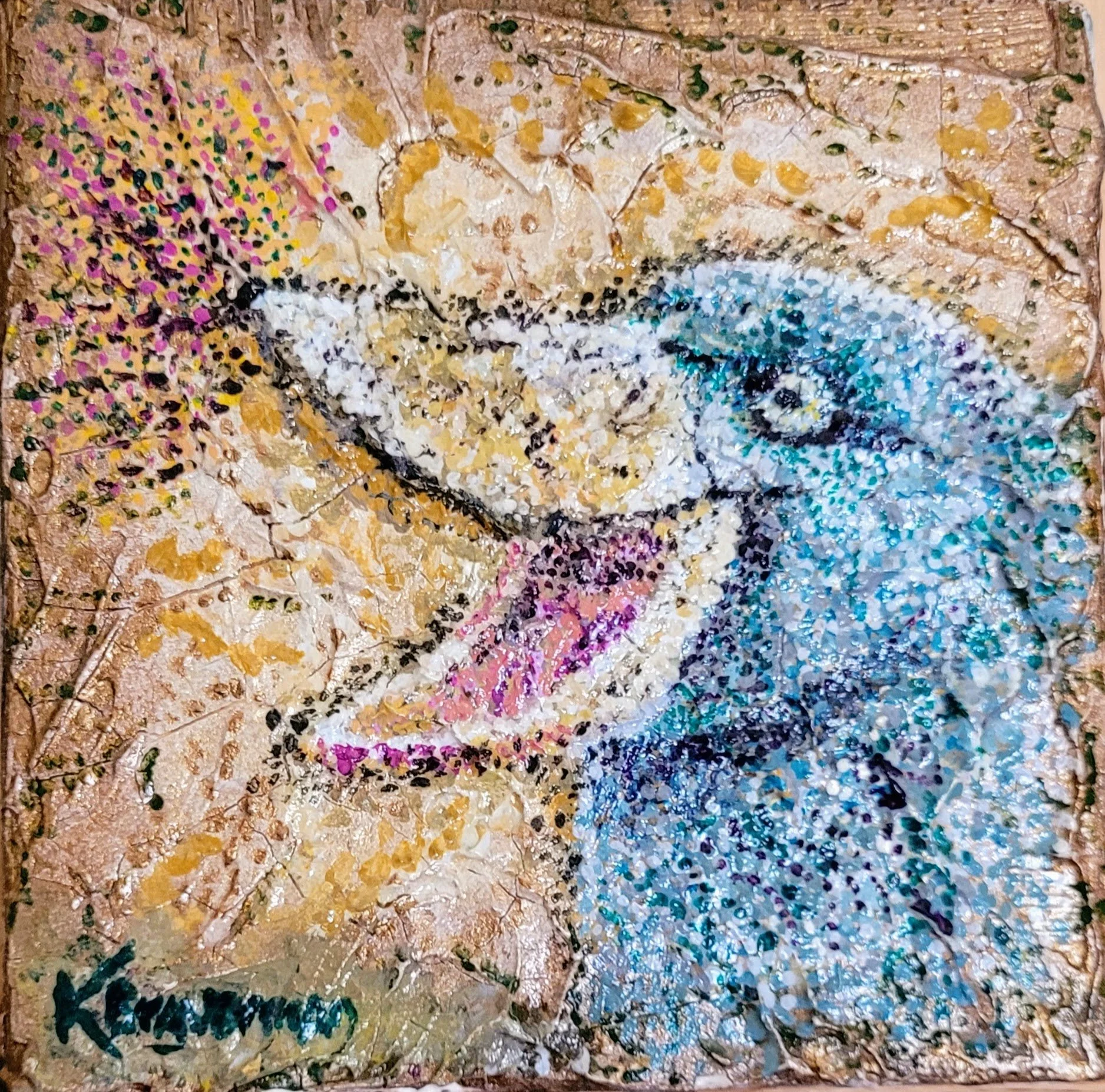 -------; acrylic paint on crackle paste on birch plywood. (add meaurements)