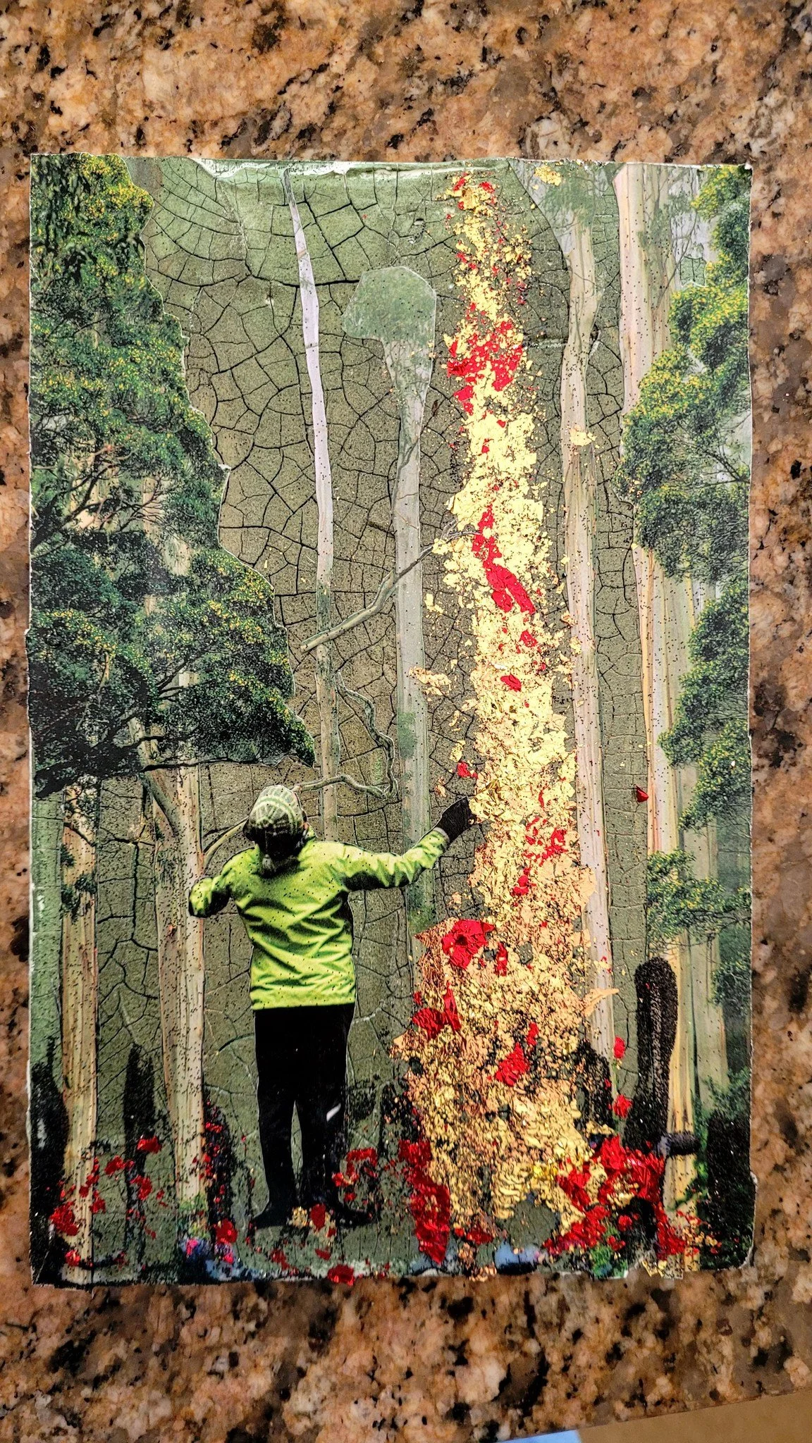 ----- acrylic paint, gold leaf foil and mixed media on crackle paste on birch plywood. (add meaurements)