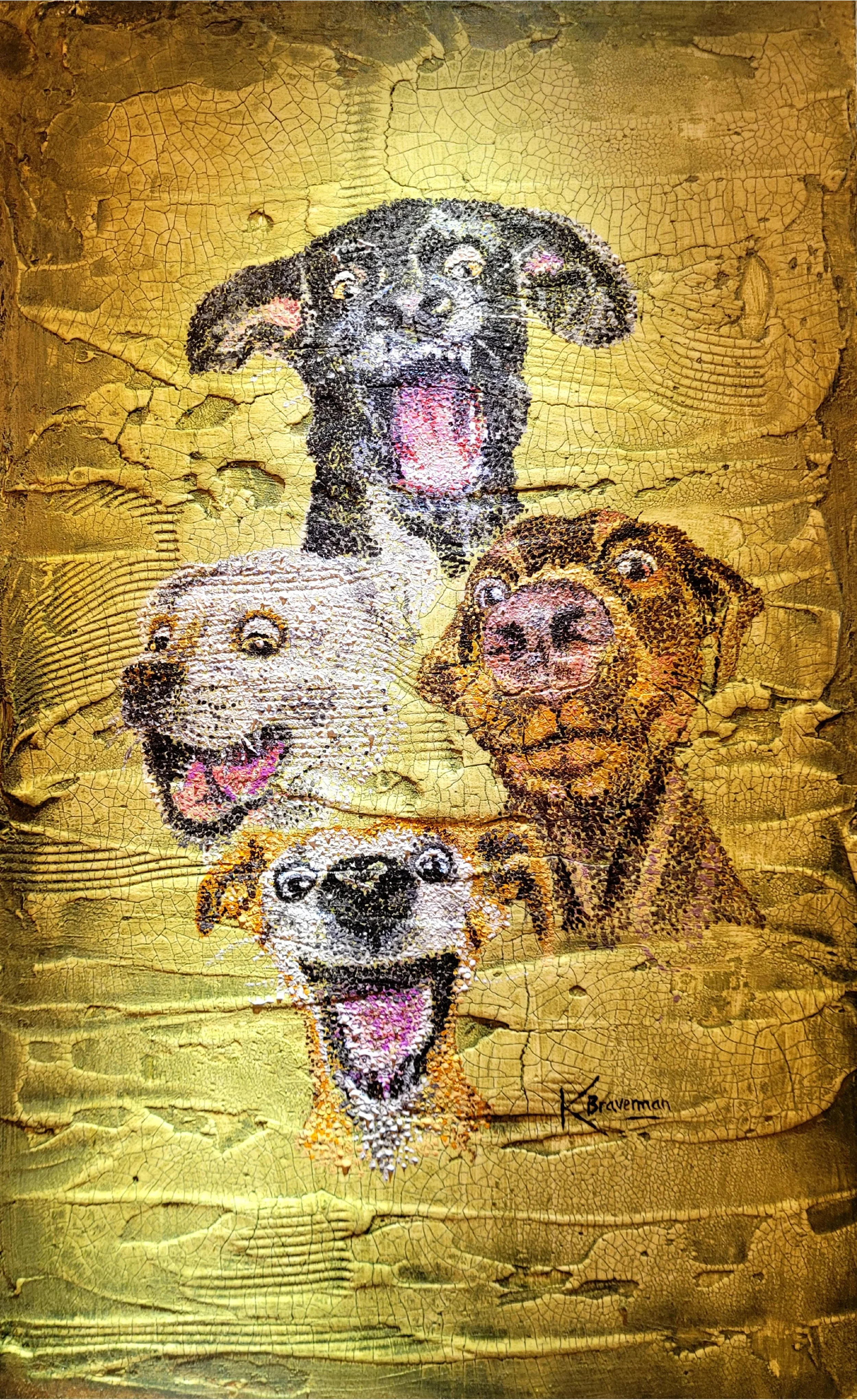 "The Silly Dogs" 11.2 x 18.5 on plywood sealed with varnish and gesso. Acrylic pointilism on crackle paste; SHOWING SOON AT THE HUDGENS CENTER FOR ART AND LEARNING, DULUTH, GA
