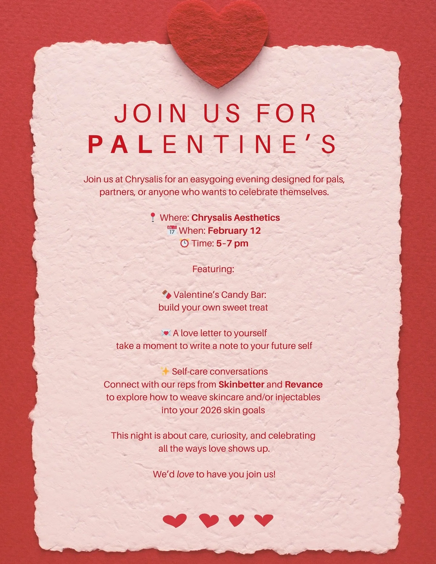 A night for pals, partners, and prioritizing yourself 💌

Sweet treats, loooots of self-care, and a reminder that love doesn&rsquo;t come in just one form.

Palentine&rsquo;s at Chrysalis | Feb. 12 from 5-7pm - come hangout with us 🤍

#palentinesday