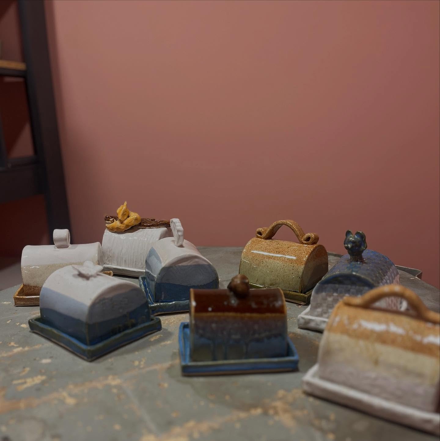Hot out the kiln &mdash; butter dishes from our last workshop and some takeaway kits. Love seeing the individual personalities!!