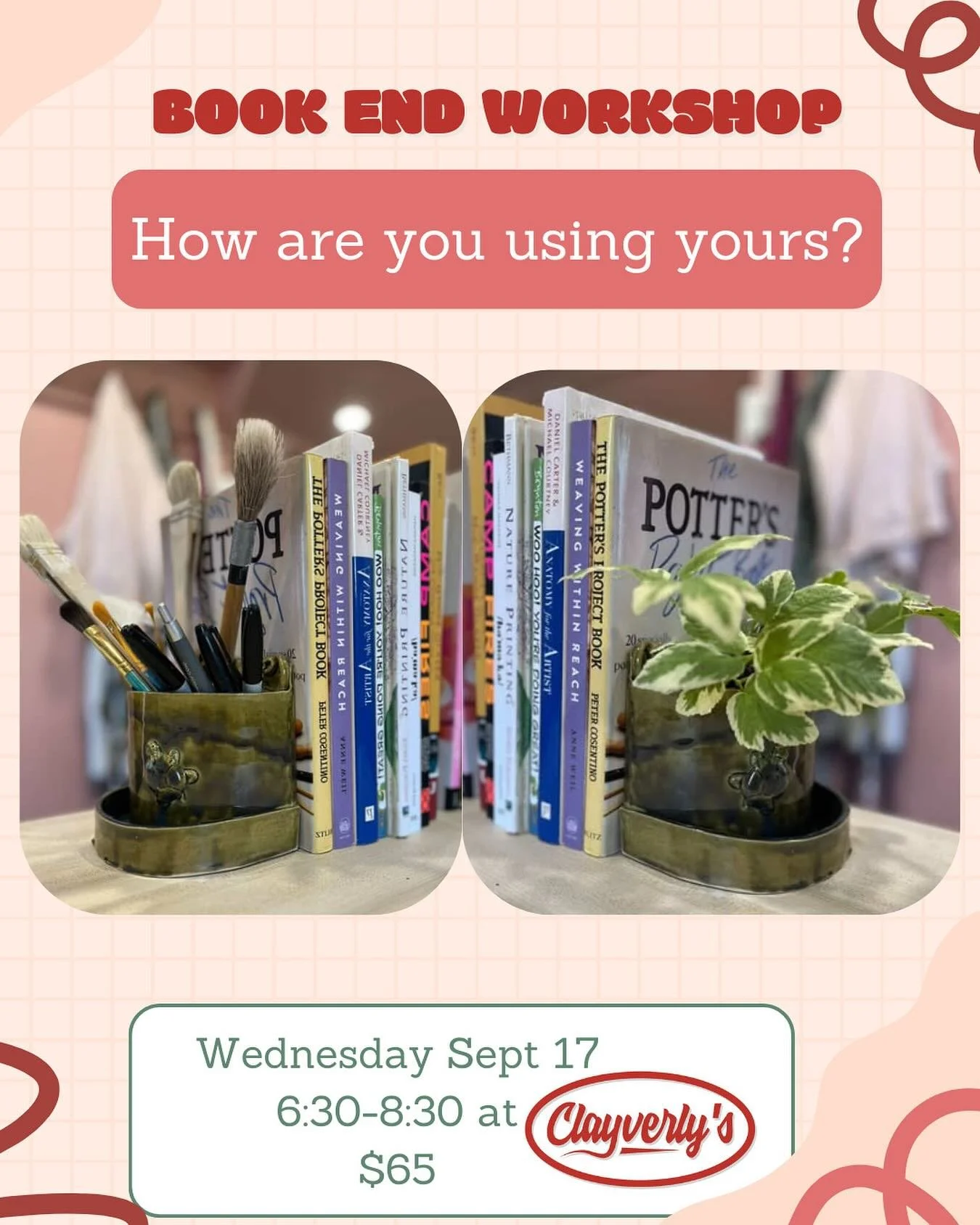 🚨upcoming workshop🚨

This frequently requested workshop is finally here! DM to save your spot to make your own book end plant holder 📚🪴

Also available as a Take Away Clay Kit for completing at home 🥰🏡
