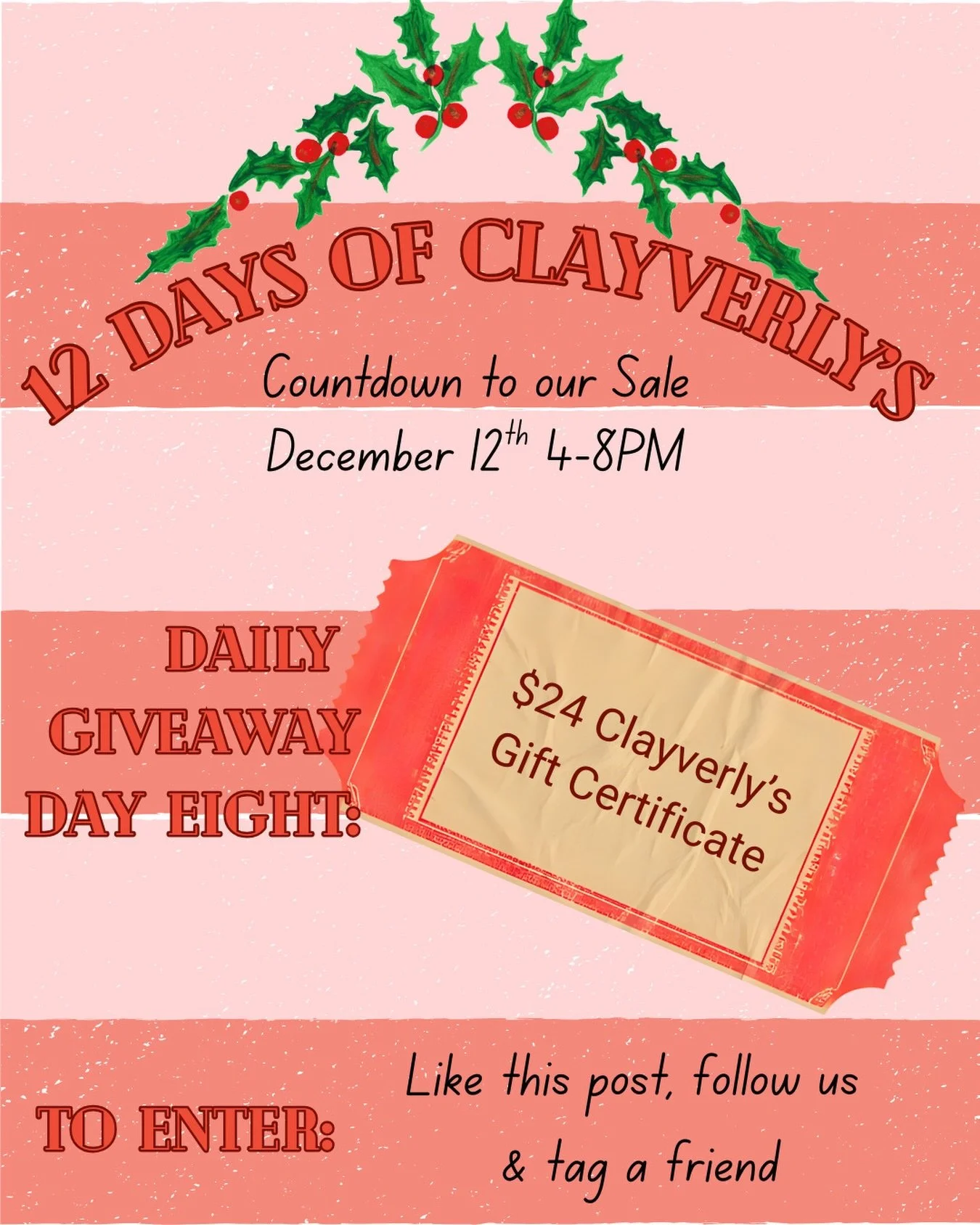 ❄️✨4 more days until our Winter sale and 5 chances to win ✨❄️
Today&rsquo;s prize is a $24 Clayverly&rsquo;s gift certificate- spendable at our sale, on a class, workshop or takeaway clay kit! 

Make sure you&rsquo;re following @clayverlys, like this