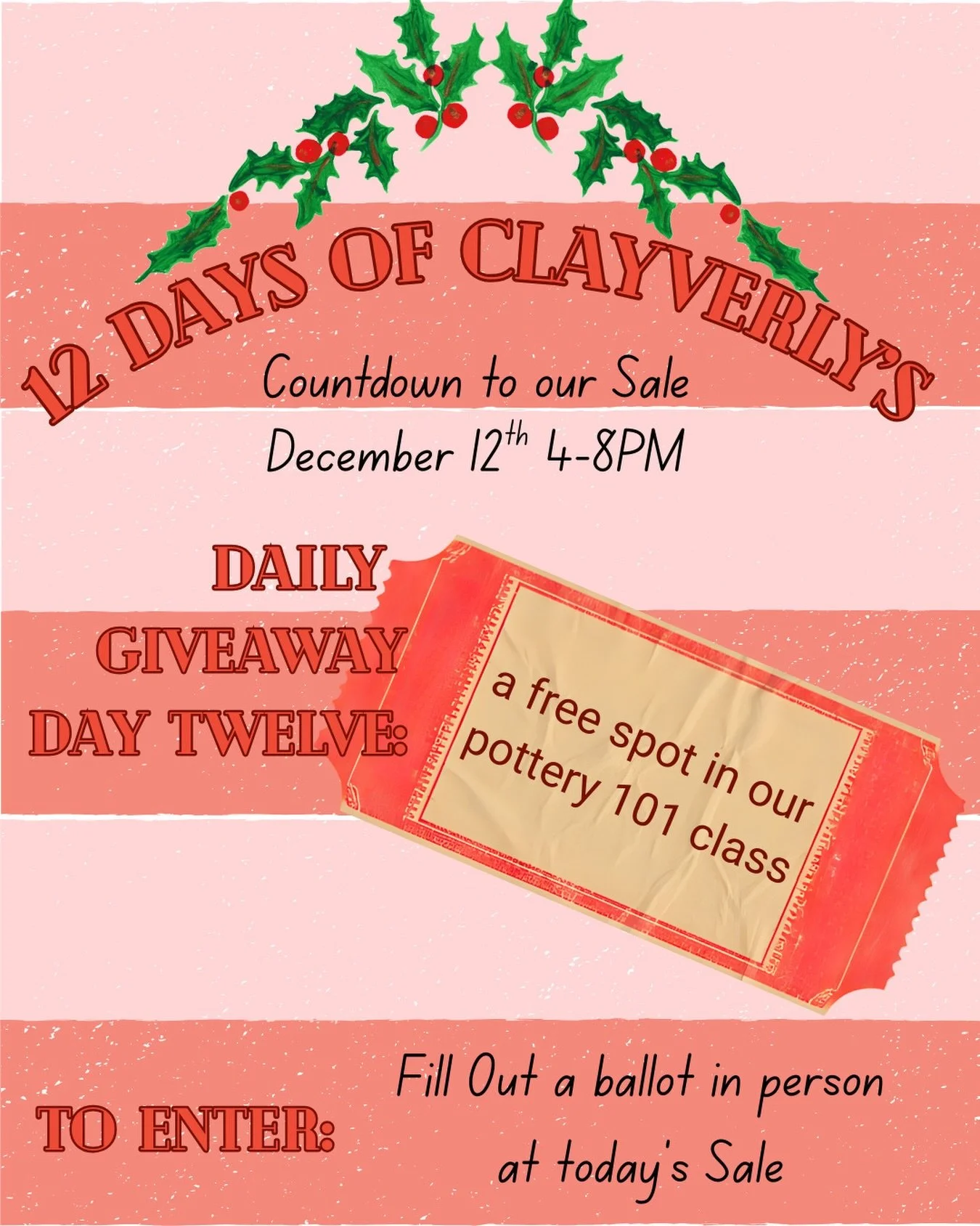 Today is the day! 
Our winter sale is finally here and our final giveaway prize: a free spot in our Pottery 101 seven week course. 

Winning this prize takes a bit more&mdash; join us at our sale today between 4-8 and fill out a ballot in person for 
