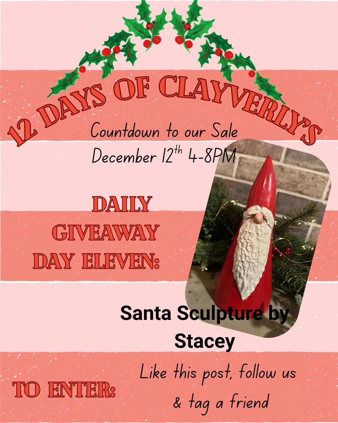 1 more day until our winter sale and two chances to win!
Today&rsquo;s prize is this darling Santa. Contest open to residents of Ontario.

To enter? Simply make sure you&rsquo;re following @clayverlys, like this post and tag a friend who makes you fe