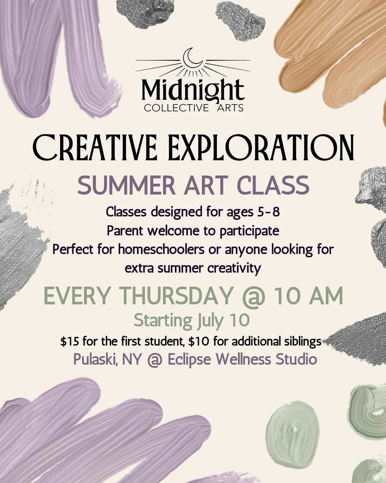 CREATIVE EXPLORATION summer art classes with @midnightcollectivearts!

Starting this Thursday 7/10 at 10am! 🎨🖌️

Link to register: https://www.midnightcollectivearts.com/service-page/summerelementary-art-class?fbclid=IwQ0xDSwLbSbRleHRuA2FlbQIxMQABH