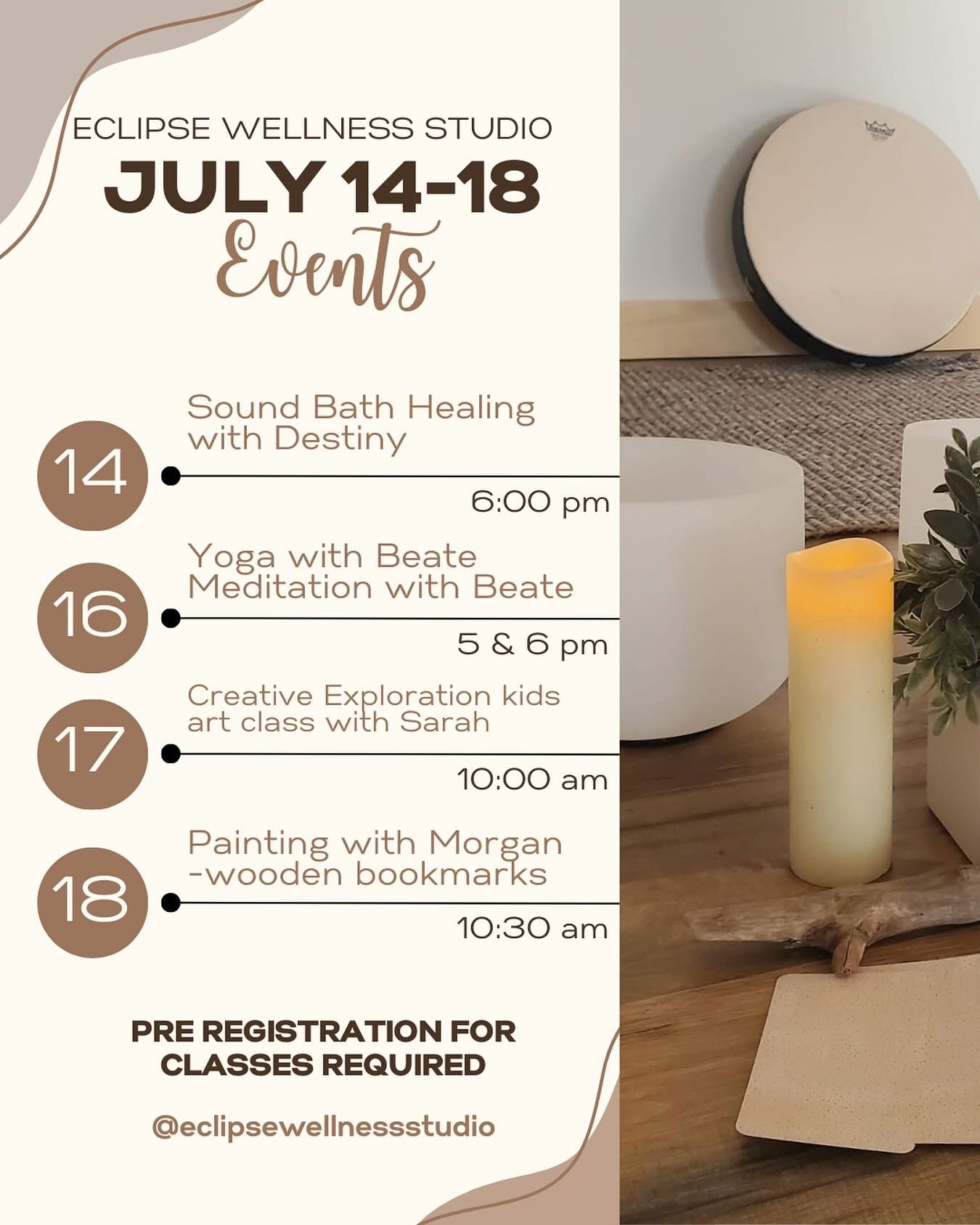 This week at the studio! Another full week for all ages!

Monday: Sound Bath Healing Session at 6pm with Destiny of @wildrootswellnessandrevival ✨

Wednesday: Yoga at 5pm and Meditation at 6pm with Beate 🧘 

Thursday: Creative Exploration kids art c