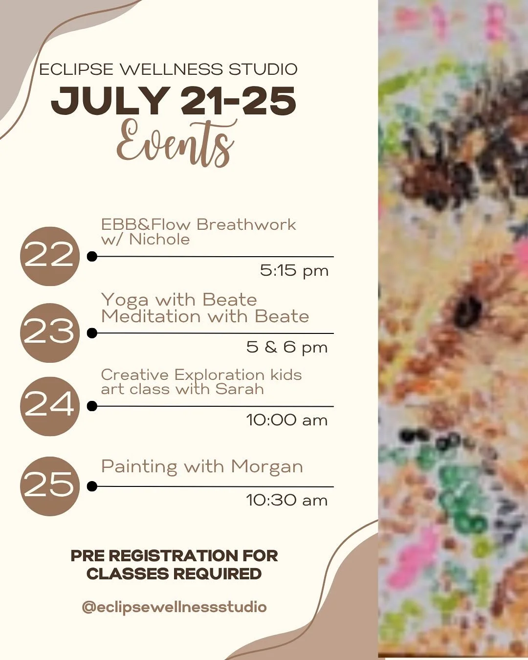 This week at the Studio!🌱

Tuesday: Group Breathwork with @nfullerrajas

Wednesday: yoga (5pm) and meditation (6pm) with Beate

Thursday: Creative Exploration kids art class with @midnightcollectivearts

Friday: Painting with @m0rganashl33