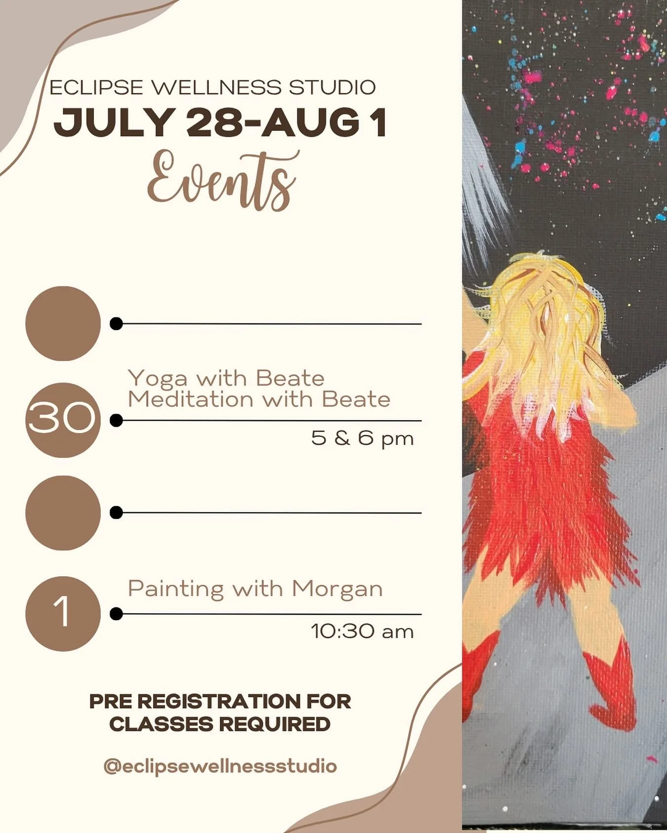 This week at the studio! 

How are we entering August already 😬😅

Wednesday: Yoga 5pm and Meditation 6pm with Beate

Friday: Painting with Morgan @ 10:30am. Adults and kids welcome to come paint either a sports themed or musician themed canvas! Con