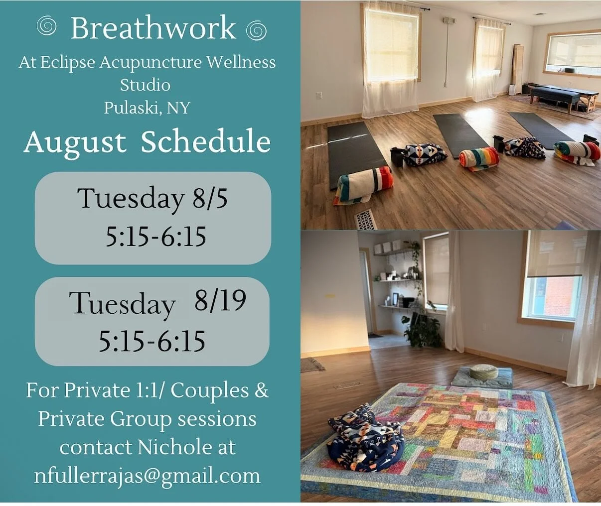 August Breathwork Schedule with @nfullerrajas!

Tonight, 8/5 and 8/19 at 5:15🤍

Link to register: https://docs.google.com/forms/d/e/1FAIpQLSdhqWeqcOf-BzjWecfGh7KalyUjiOb1cawUApaGpEPVPjjFKw/viewform