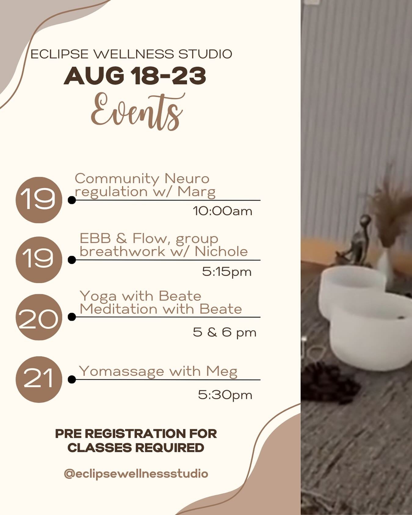 Busy week at the studio!

TUESDAY:
🤍Marg is offering a new, free, community neuro regulation class at 10am, please reach out to her at 315-561-9631 for more info!
✨EBB &amp; Flow group breath work with @nfullerrajas at 5:15pm. 🔗 https://docs.google