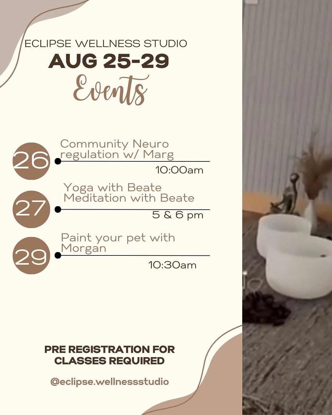 This week at the studio!

Tuesday: community Neuro Regulation with @large_in_life 10am

Wednesday: Yoga with Beate at 5pm and Meditation at 6pm

Friday: Paint your Pet with Morgan at 10:30!