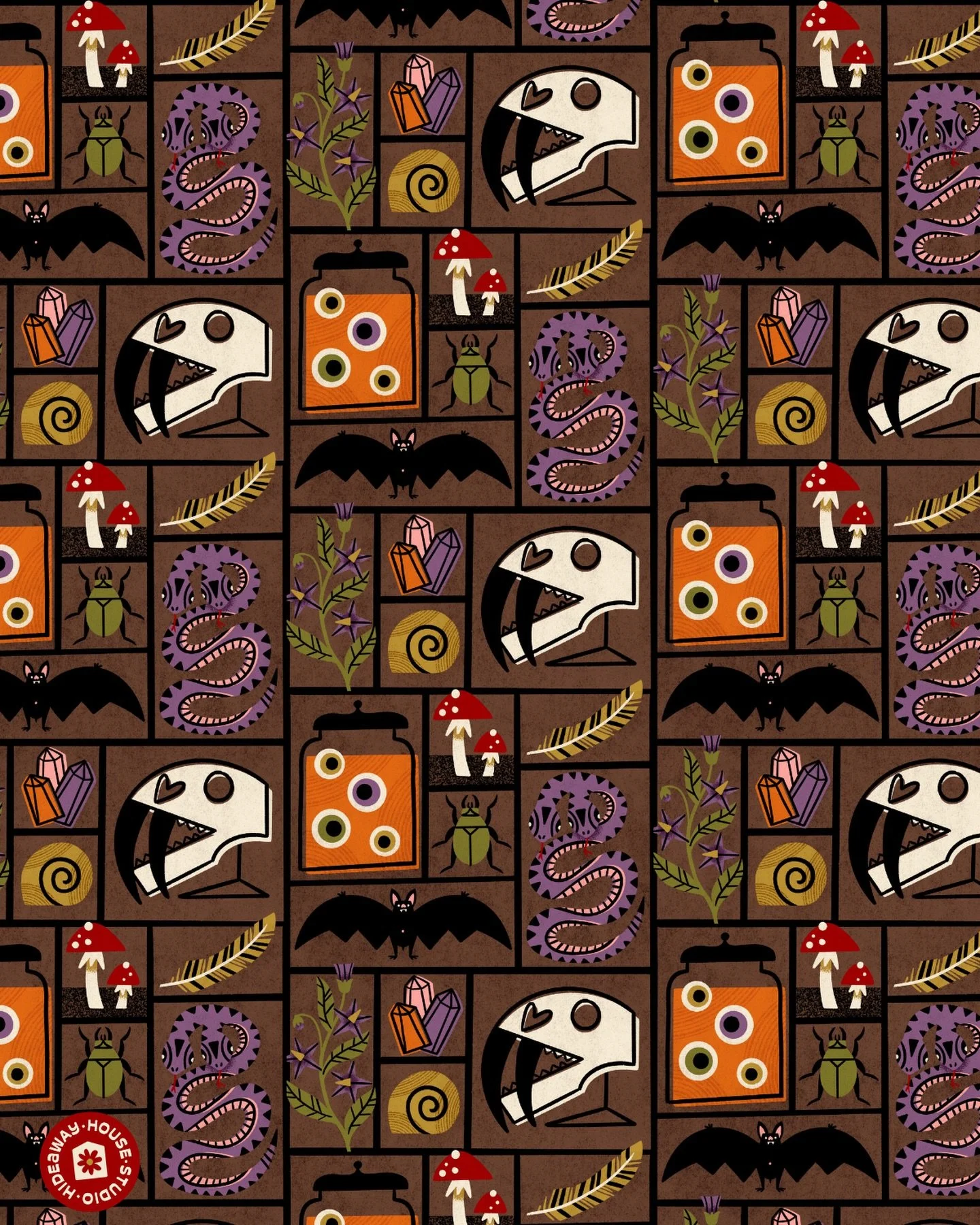 Day 17 &amp; 18: Wicca
Had to turn my Curiosity Cabinet Print into a pattern for this prompt! Still have a few of these as prints and cards in stock 🍄❤️🍄❤️🐍
#thepatternchallengebymel #patternchallengebymelwinter26
#surfacepatterndesign 
@melanie.j