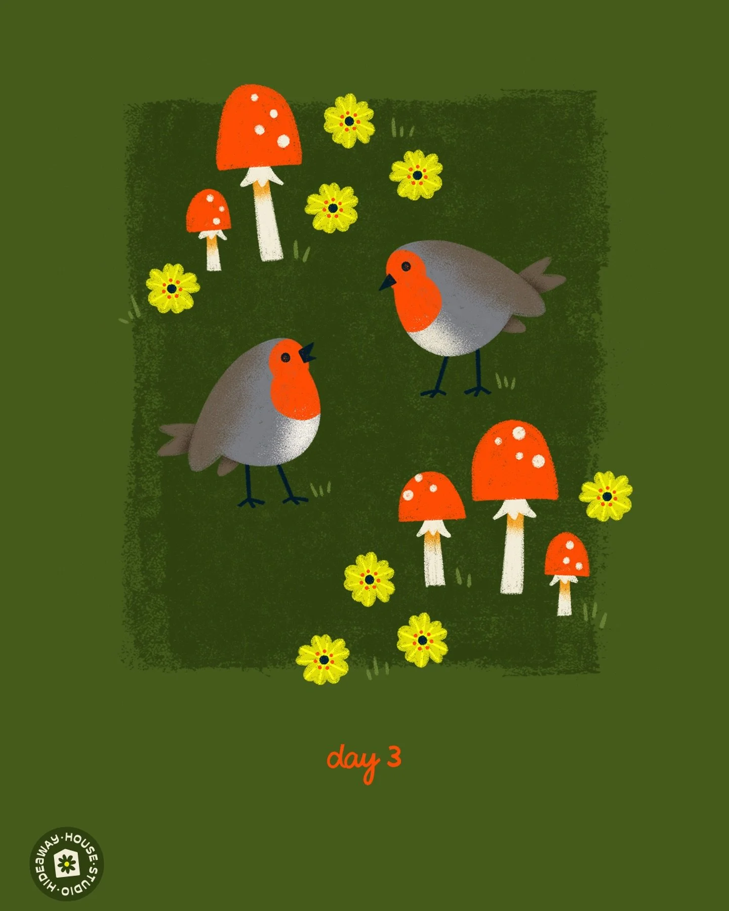 Day 3: European Robin (thanks @exit343❤️❤️😅)
The Robins are everywhere. Like a lot. Could this be a sign that Spring is coming?!?

I revamped an older illustration of these two robins having a chat in the yard among the mushrooms and buttercups. I&r