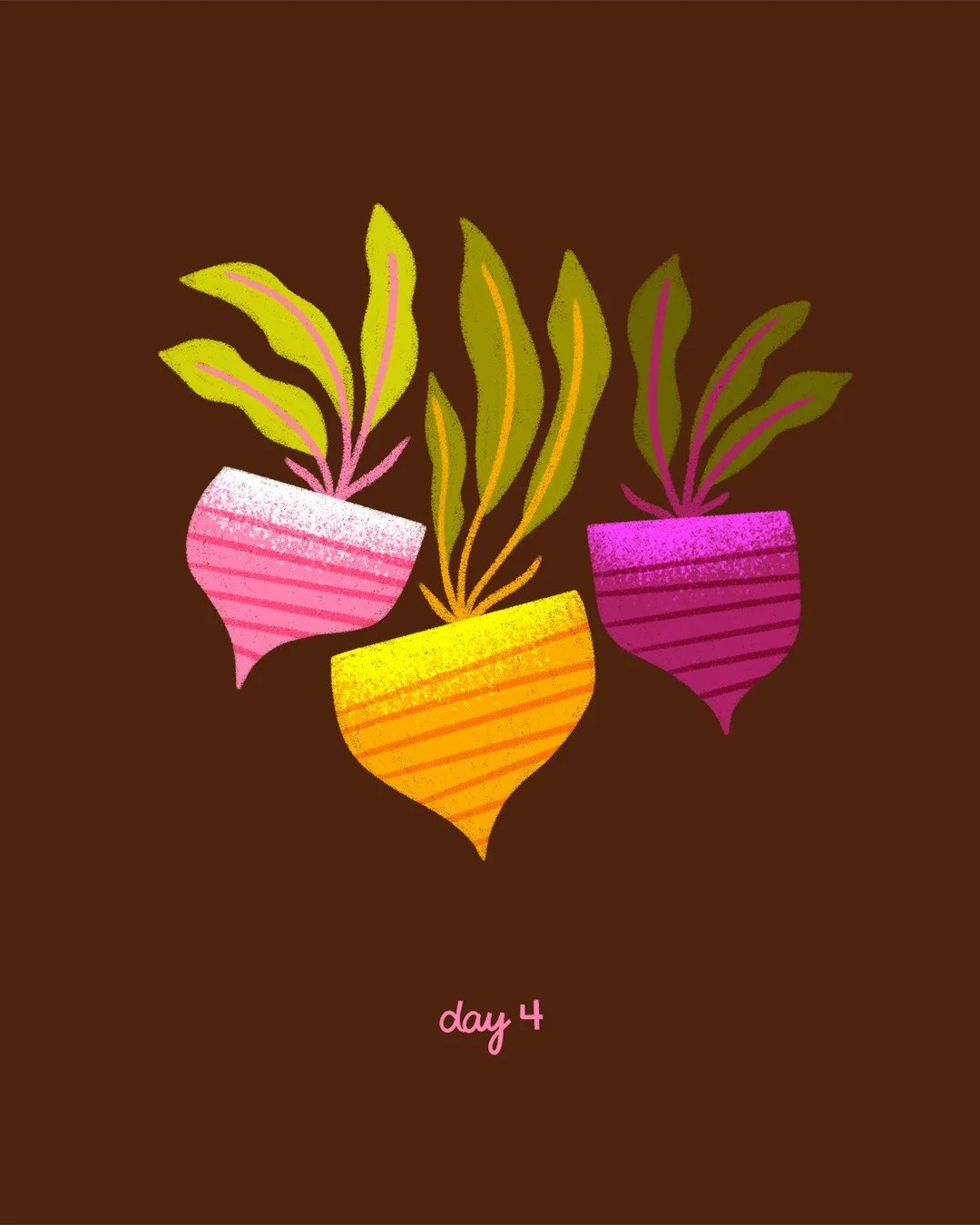 Day 4: Beets
We're finally making the big move (just next door!), and the depths of our refrigerator are freaking scary. Found some petrified beets lurking behind the pickles. At least they had some fun colors to inspire this.

#MovingDay #Fridgefail