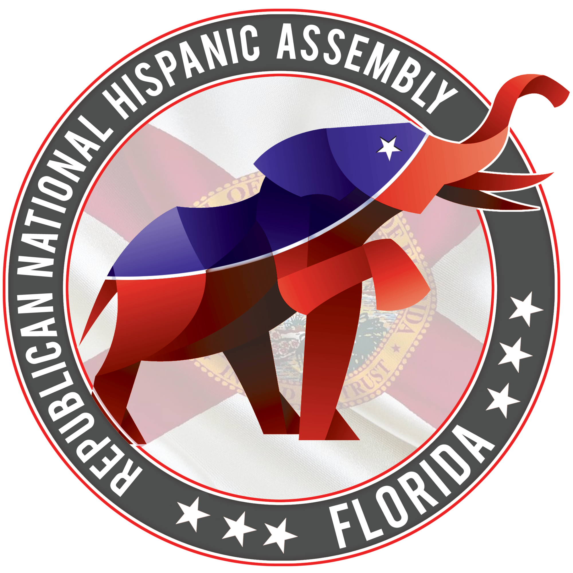 Official badge of the Texas Hispanic Assembly, with a circular design featuring stars and a ribbon in the colors of the Texas flag.