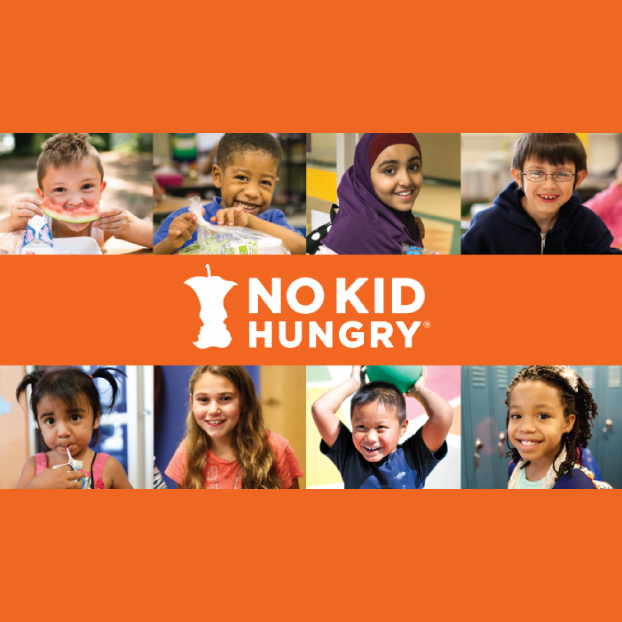 A group of diverse children smiling and enjoying themselves, with the text 'NO KID HUNGRY' and a white silhouette of a child with an apple in the foreground.