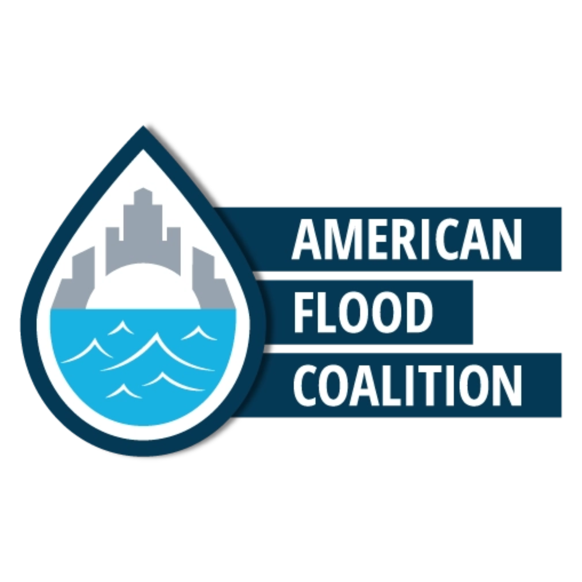 Logo of American Flood Coalition featuring a city skyline above water inside a water droplet.