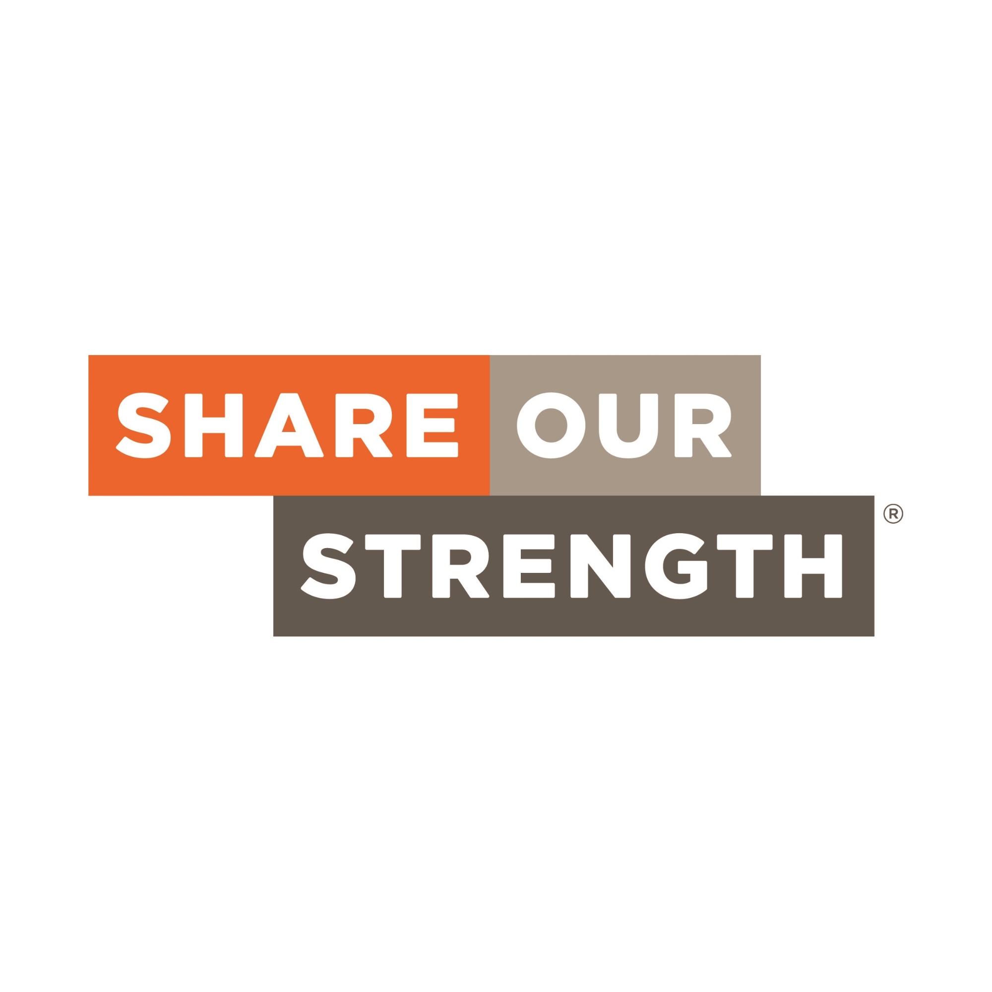 A graphic with the words "Share Our Strength" in bold white letters on a background that is orange on the left side and beige on the right side.