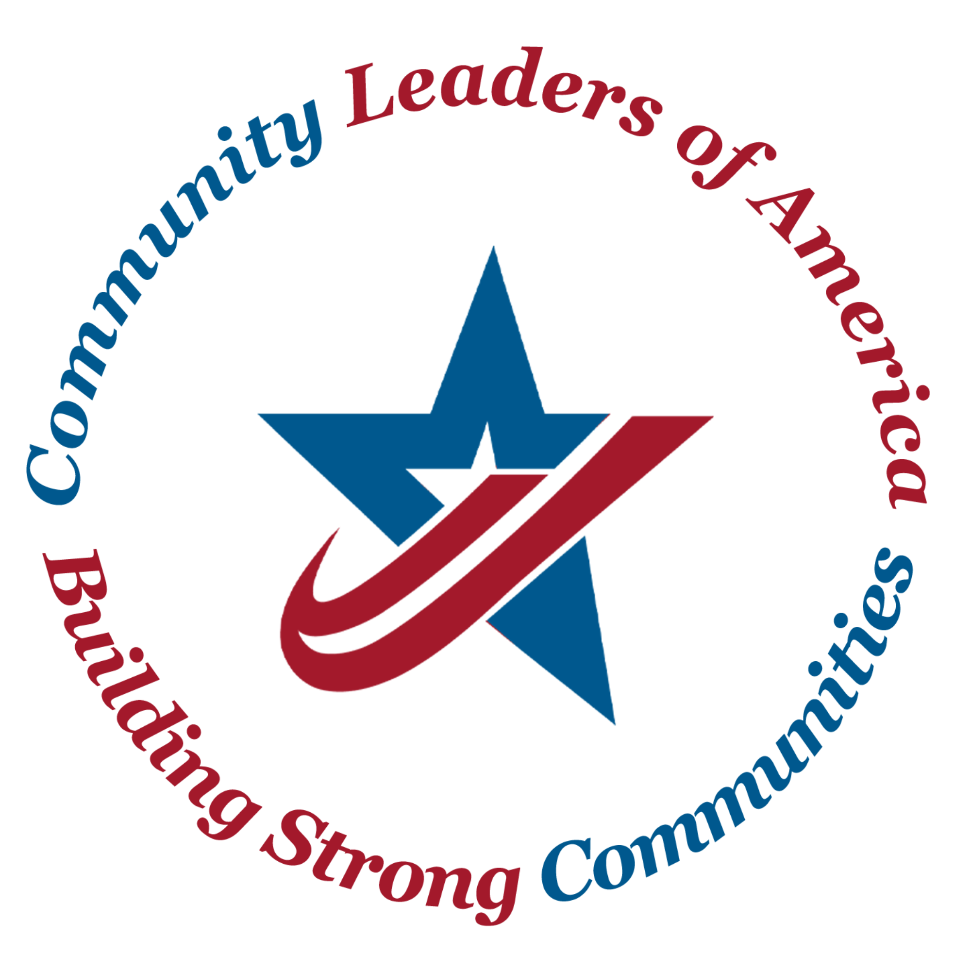 A circular emblem with the words "Community Leaders of A" in red and "strongest" in blue, surrounding a blue star with a red underline.